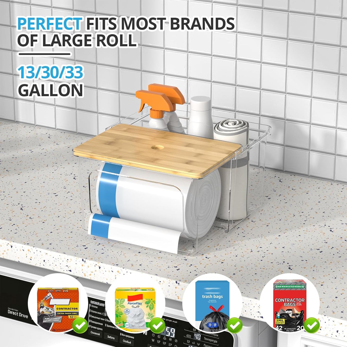 Trash Bag Dispenser Roll Holder - Clear Garbage Bag Holder Dispenser with Bamboo Lid and Sliding Drawer Box, Trash Bag Holder for Kitchen, Under Sink, Laundry Room Organization and Storage