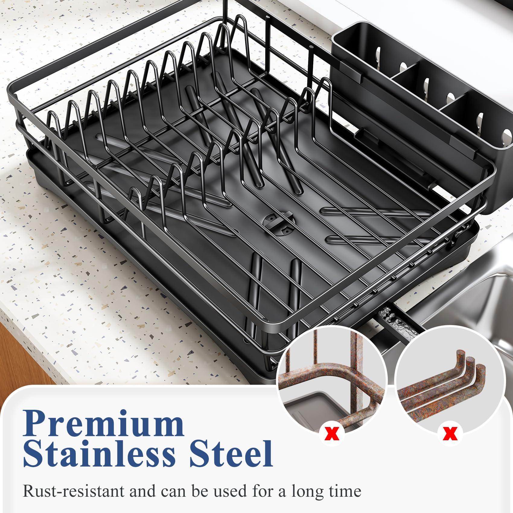 SNTD Dish Drying Rack for Kitchen Counter, 11.8" W x 16.7" L, Black