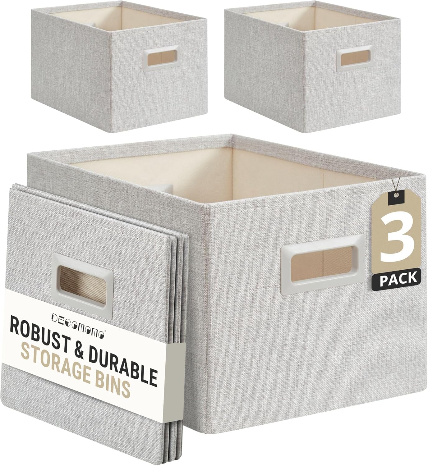 DECOMOMO Storage Bins for Shelves Robust Fabric Closet Bins for Shelves Toy Storage Clothes Books (Pack of 3 – Light Grey)