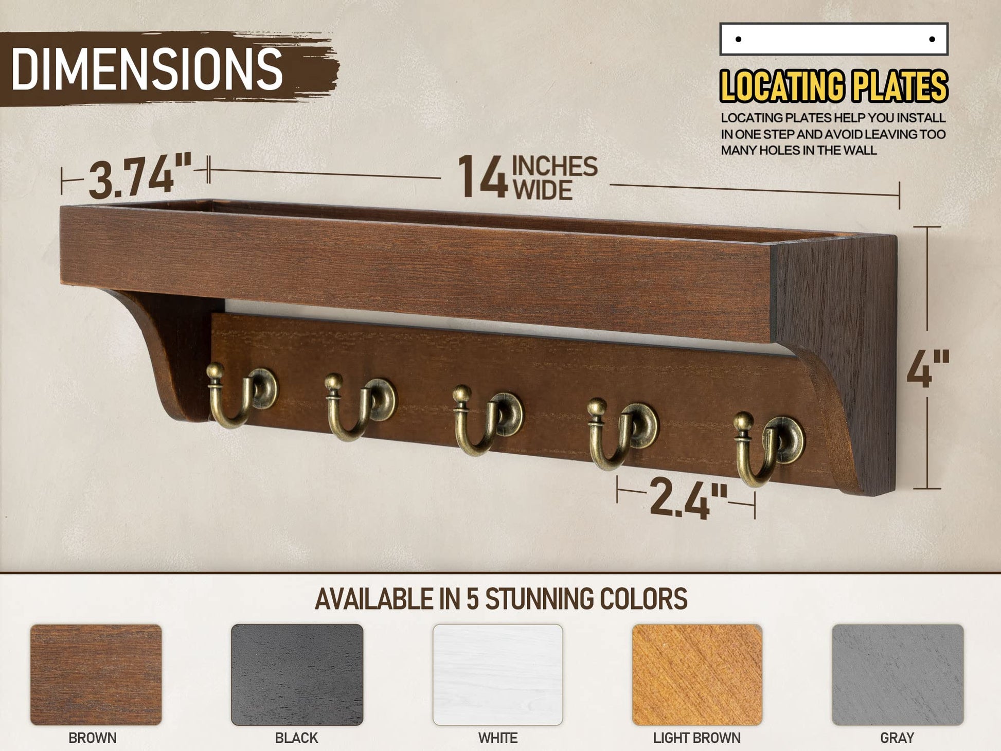 Rebee Vision Key Holder Wall Mount with 5 Hooks for Entryway, Retro Brown