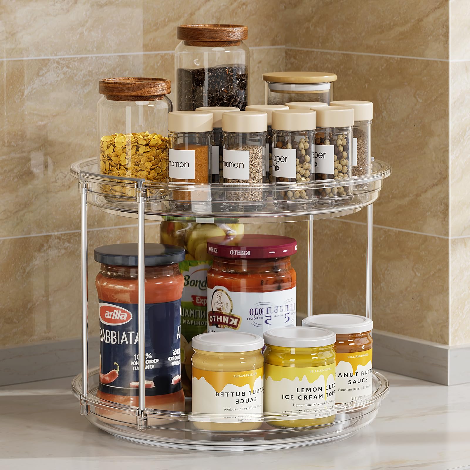 LAMU 2 Tier Lazy Susan Turntable Organizer 9.25'' Rotating Spice Rack Organization for Cabinet