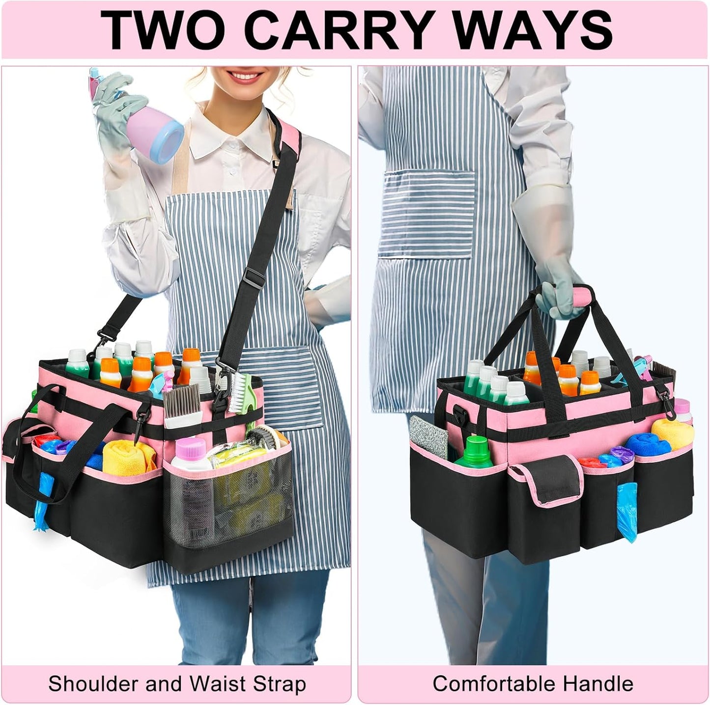 Cleaning Caddy,Large Cleaning Bags for Housekeepers,Cleaning Supplies Organizer with Handle,Pink