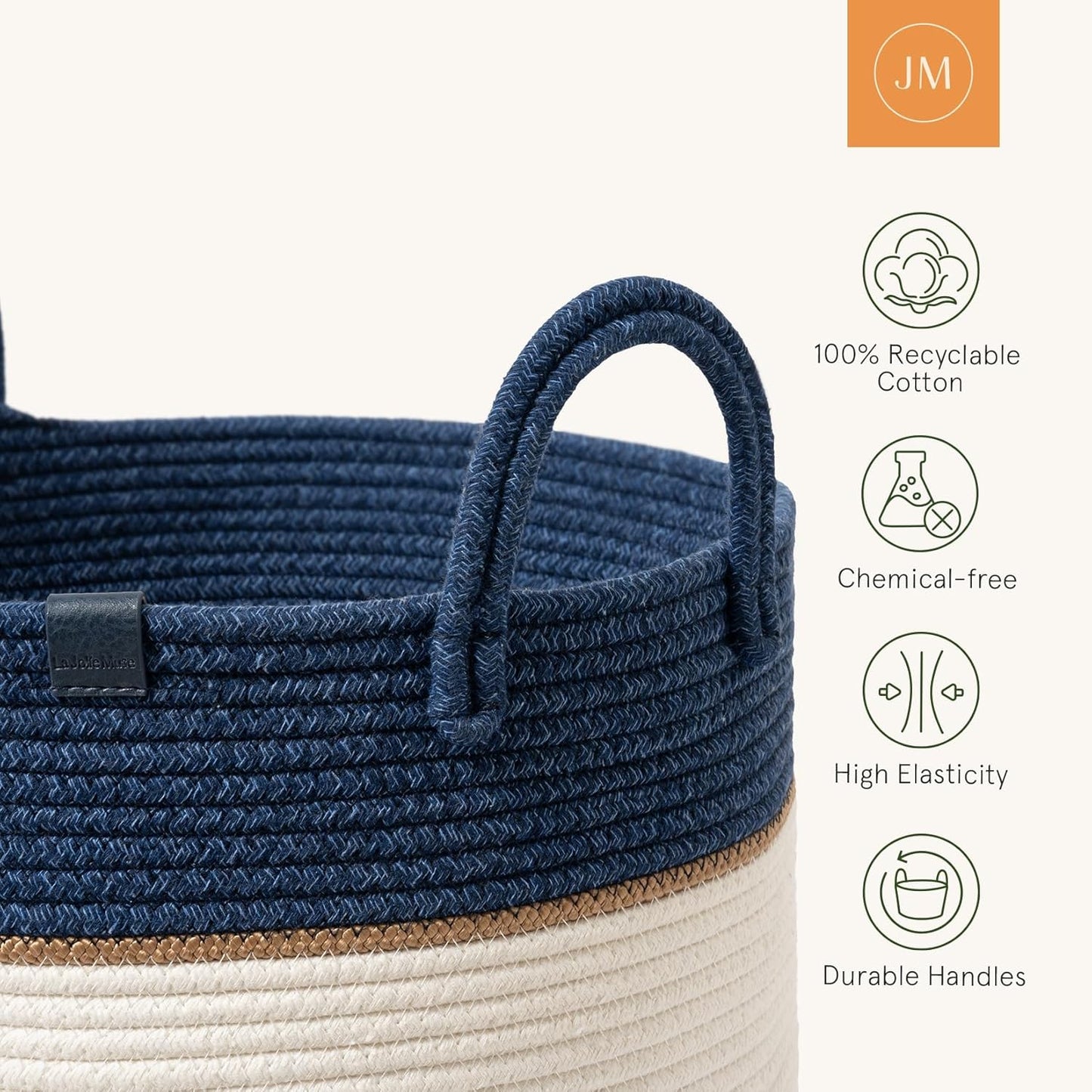 LA JOLIE MUSE Woven Basket Rope Storage Baskets - Large Cotton Organizer, Basket for Baby Blanket, Kids Toy Nursery Laundry Basket Navy Blue XL