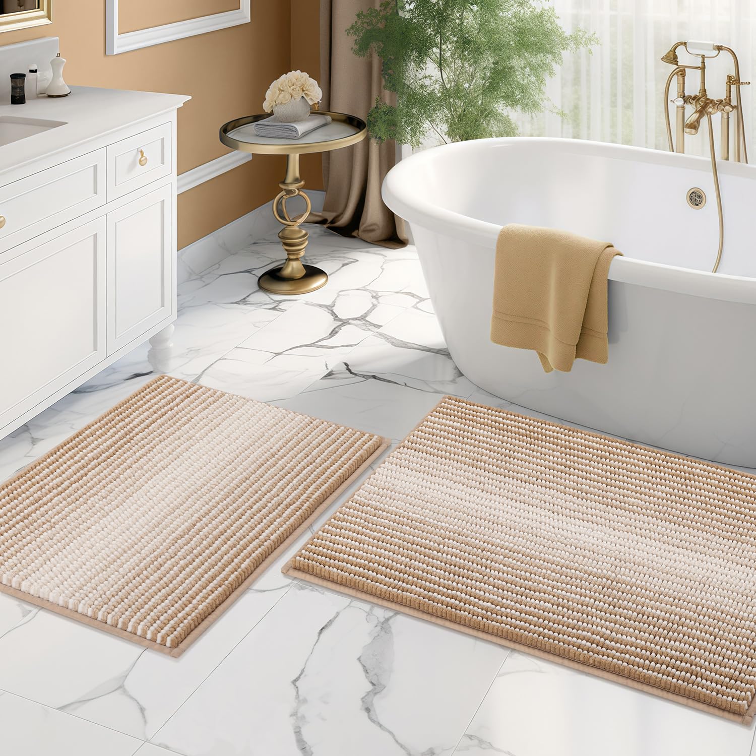 BSICPRO Bathroom Rugs and Mats Sets, 2 Piece Thick Absorbent Chenille Bath Mat Rug Set Non Slip