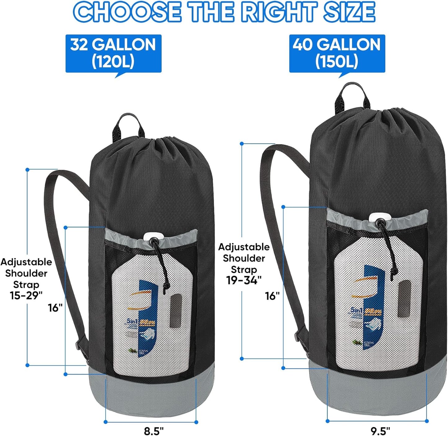 BALEINE 150L Laundry Bag Backpack, 900D Oxford Fabric Large Travel Laundry Bags with Shoulder Straps and 2 Mesh Pockets for College Dorm, Apartment, Laundromat (Black, 150L)