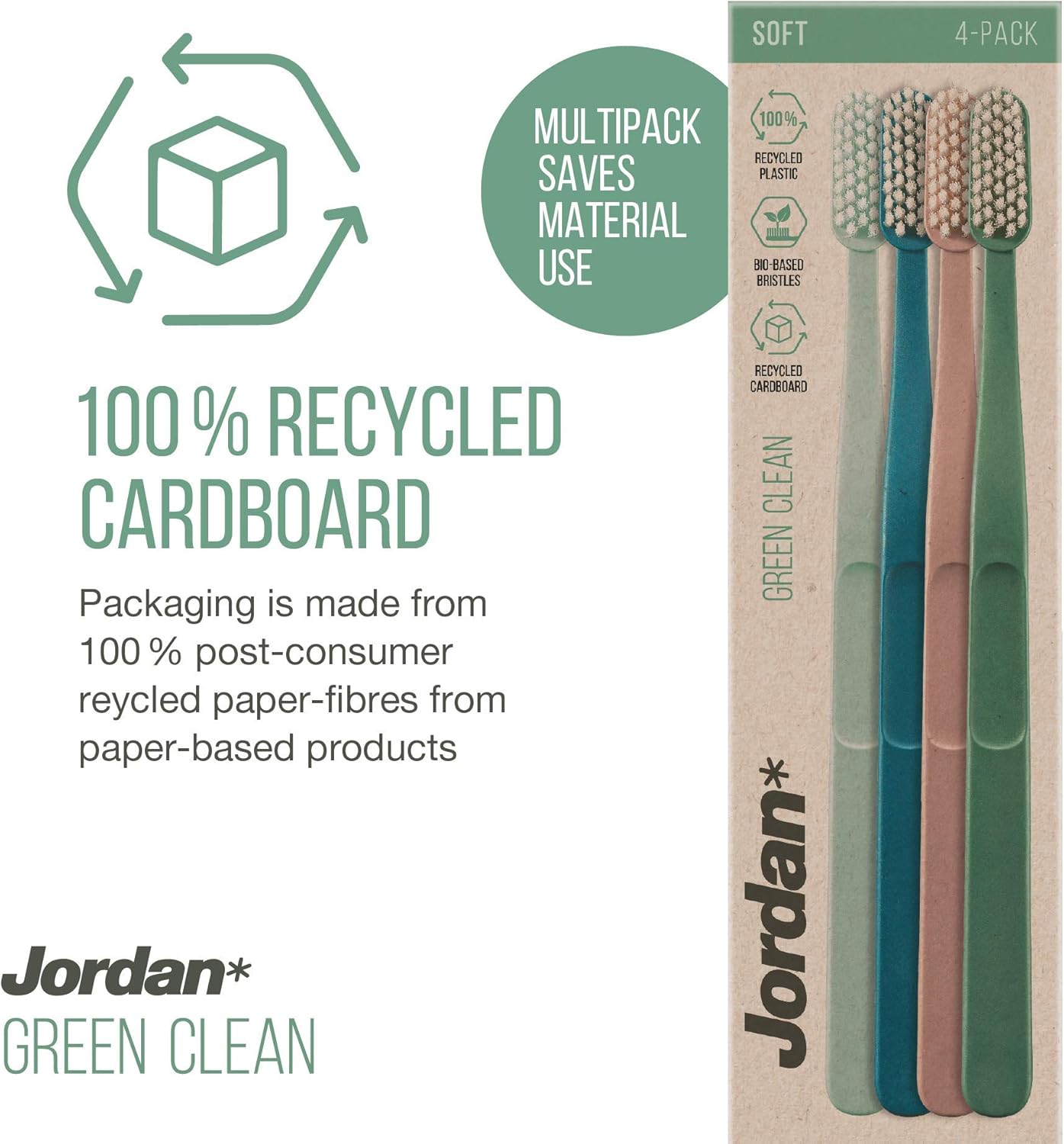Jordan Green Clean Manual Toothbrush - Sustainable, Scandinavian Design, Soft Bristles, Mixed Colors, 4 Units