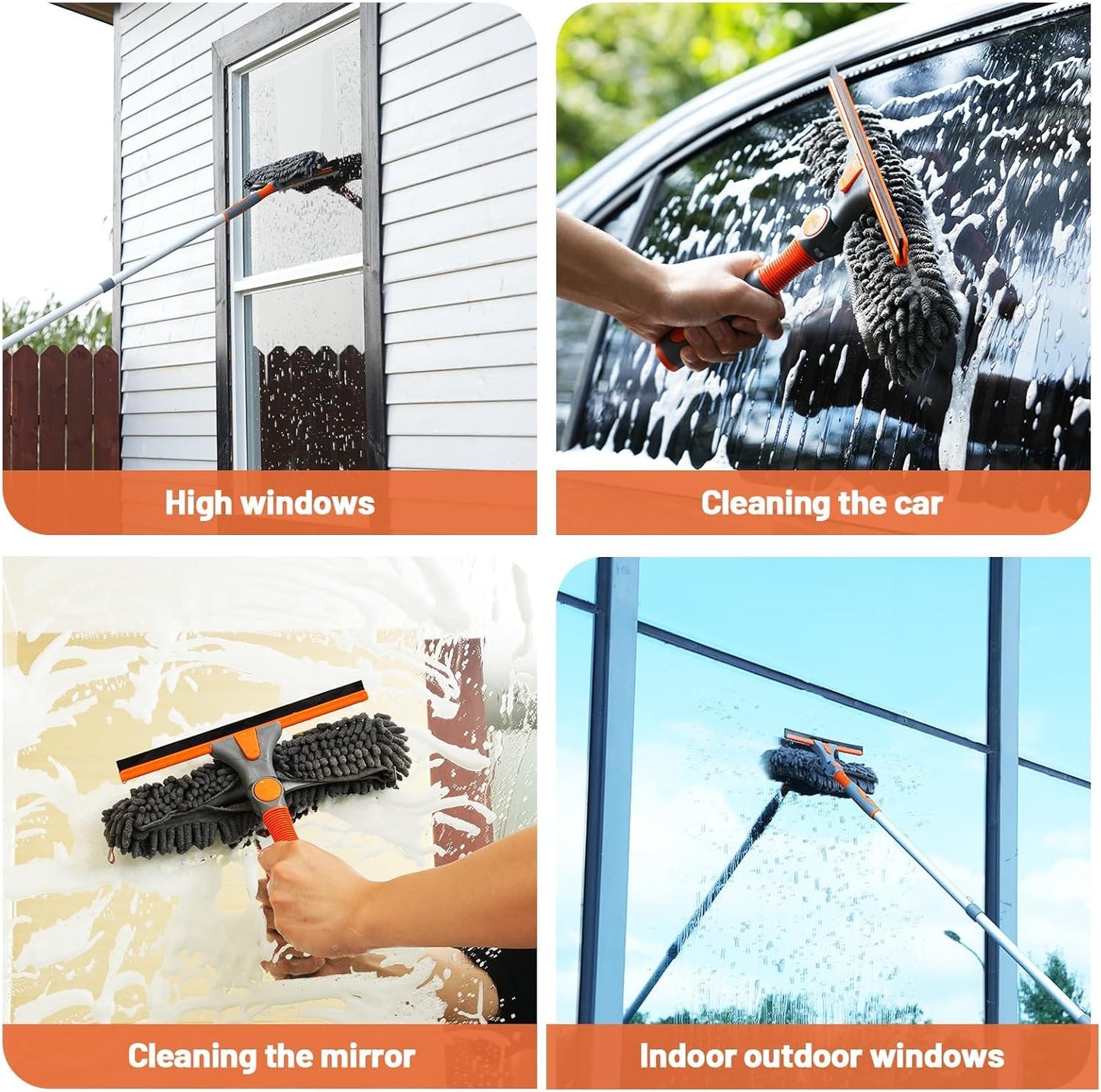Eazer 2-in-1 Window Cleaner Tool, 64'' Window Squeegee for Home, Window Cleaning Squeegee Kit with Telescopic Pole, Window Washing Kit with Rotatable Bendable Head(Threaded + Telescopic)