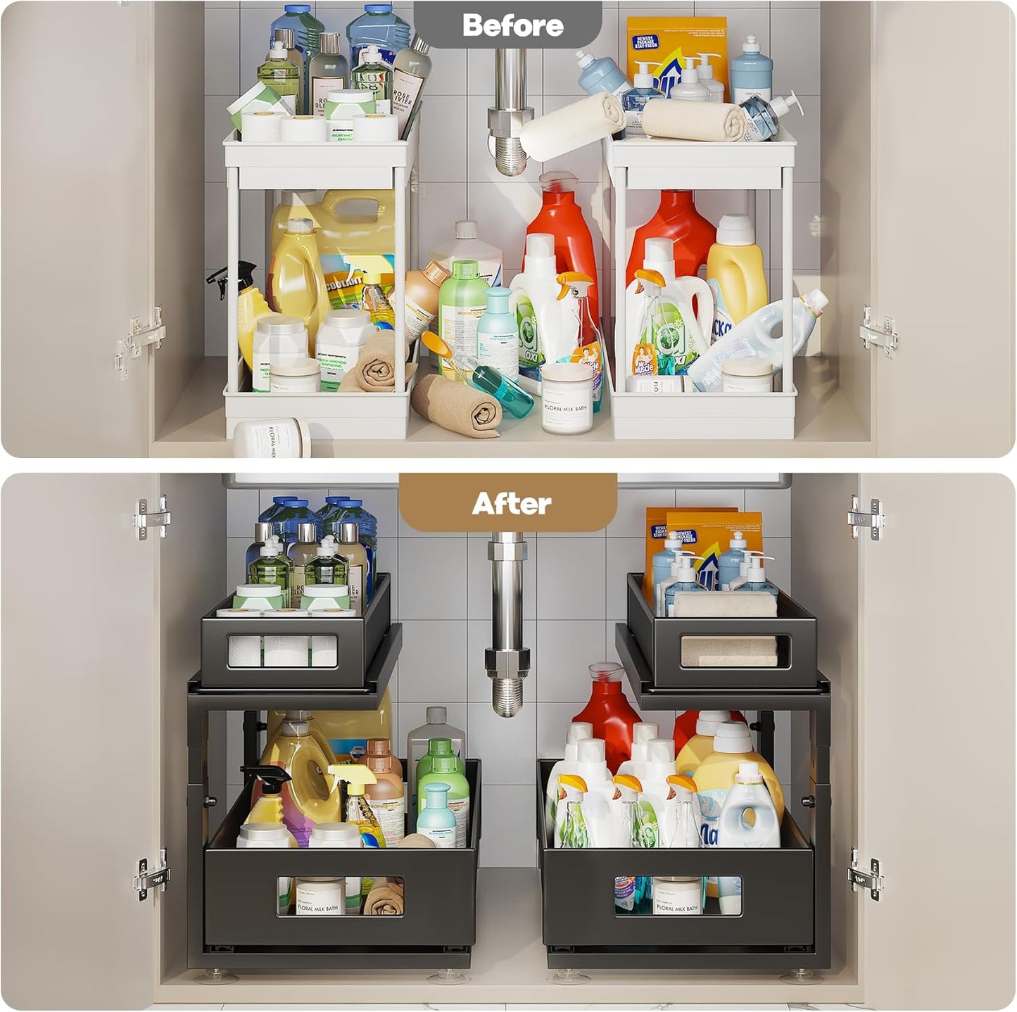 2 Pack 18.5IN-Depth Under Sink Organizer With Next-Gen Ball-Bearing Slides,2-Tier Pull Out Cabinet Storage,Height Adjustable Drawer Shelf for Bathroom,Kitchen,Laundry,Cabinet,Pantry-Black