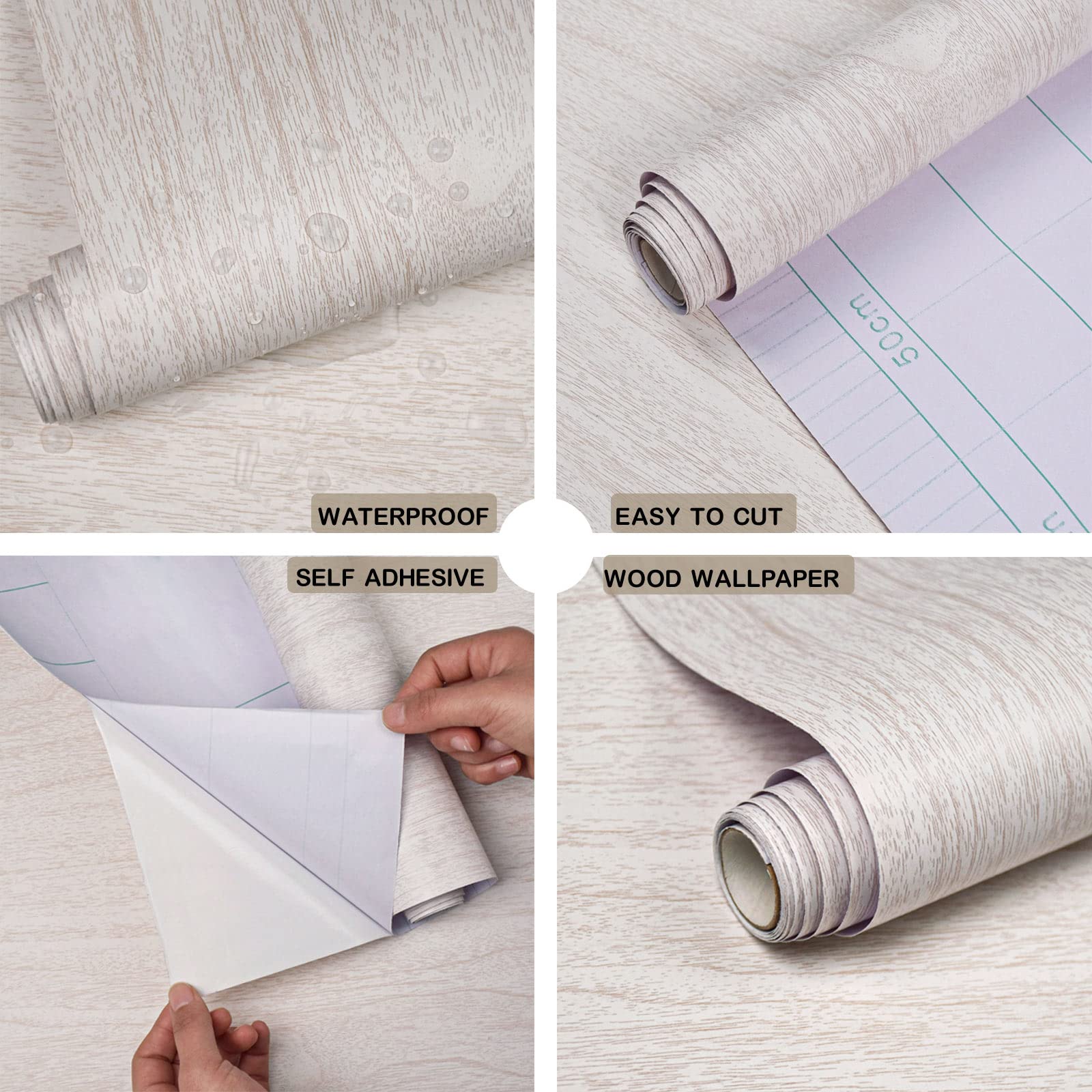 Lativo White Wood Wallpaper Wood Grain Contact Paper for Cabinets 118in18in