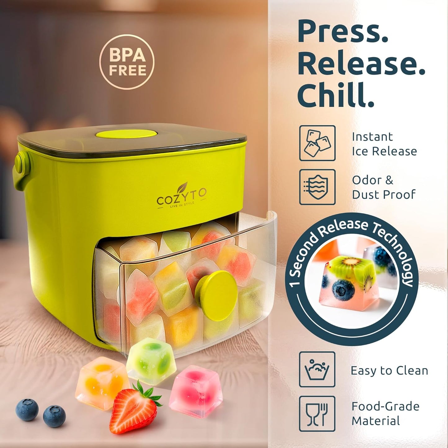 COZYTO CubeGo Ice Cube Tray with Lid and Storage Bin – One-Press Release, 48 Mini Ice Cubes, BPA-Free, Odor-Proof, Includes Scoop – DIY Fruit Ice for Cocktails, Drinks & Smoothies (Avocado Green)