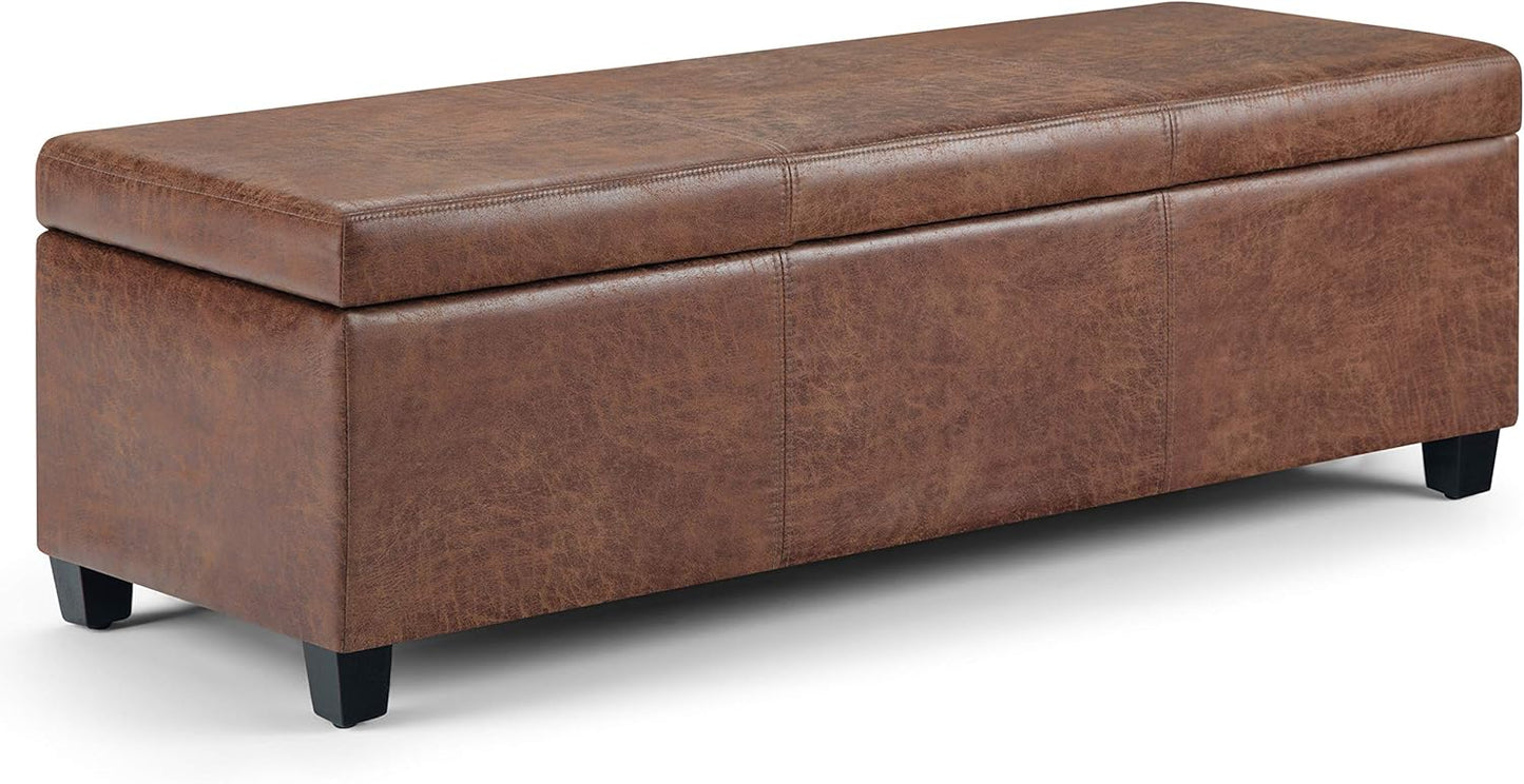 SIMPLIHOME Avalon 48 inch Wide Contemporary Rectangle Storage Ottoman Bench in Distressed Umber Brown Vegan Faux Leather, Assembled, For the Living Room, Entryway and Family Room