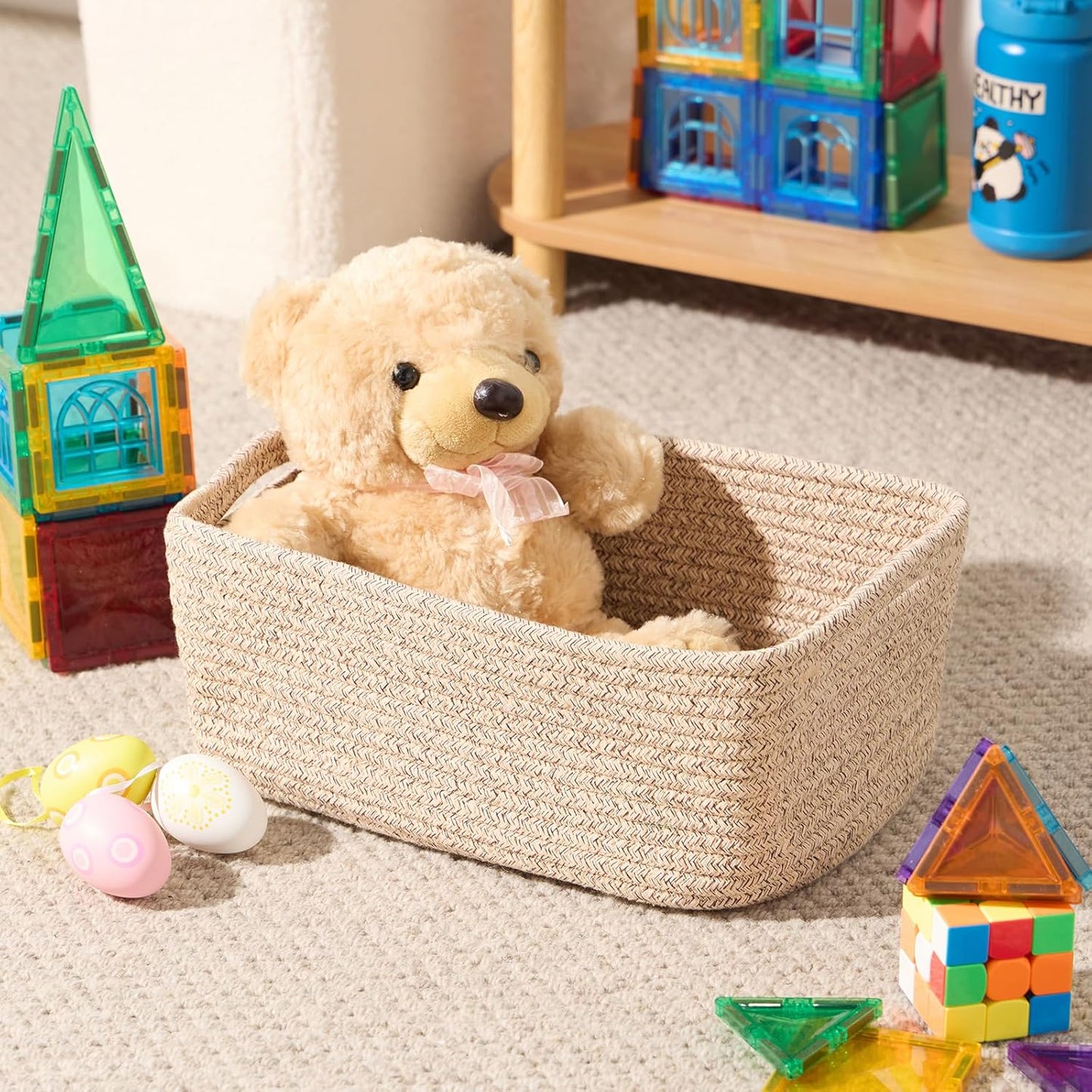 Small Storage Baskets for Organizing | Closet Organizer Bins | Shelf Toy Basket | Woven Rope Baskets | Cube Decorative Box | Shallow Basket | 13x8.5x5.1” | 3 Packs Mixed Brown