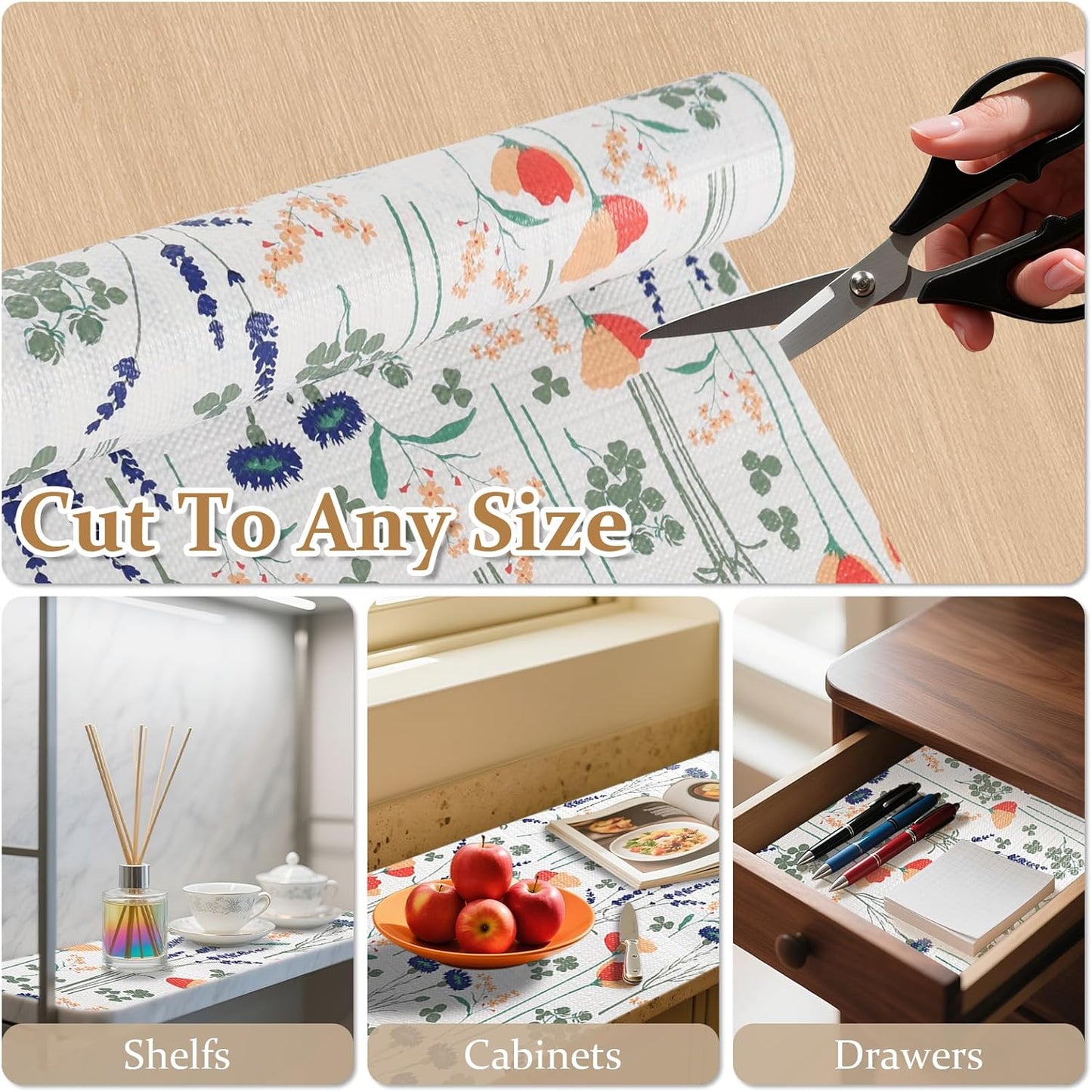 FINNEZ Shelf and Drawer Liner 17in x 10FT with Cutting Tool, Non Slip Non Adhesive Drawer Liners for Kitchen Cabinets, Waterproof Floral Cabinet Liner for Shelves, Refrigerator