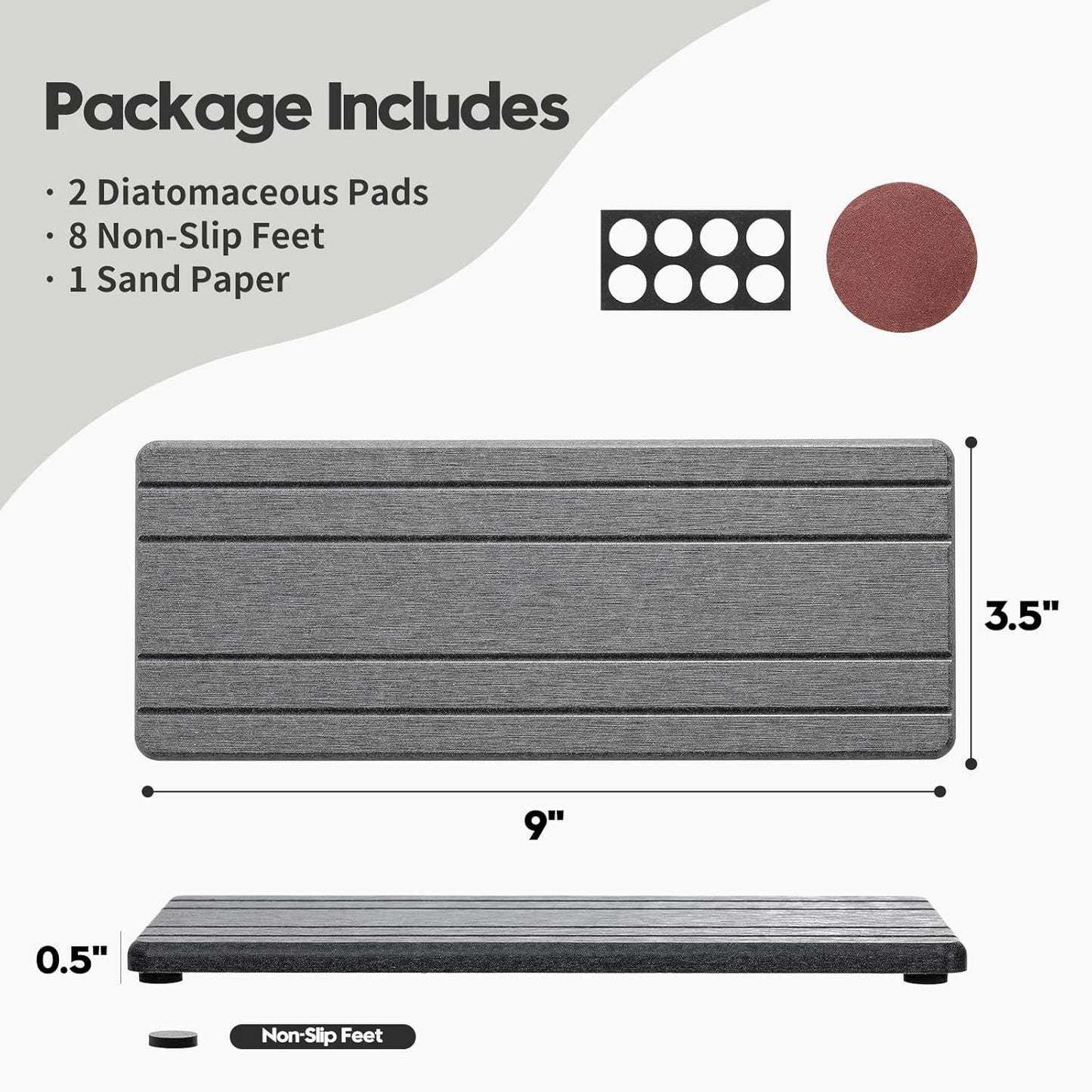 2PCS Diatomite Quick Stone Drying Tray Mat For Bathroom & Kitchen Counter, Instant Dry Water Absorbent Drink Bar Coaster,Vanity Sink Caddy Organizer,Dish Soap Sponge Holder, Dark Gray,9"x3.5"