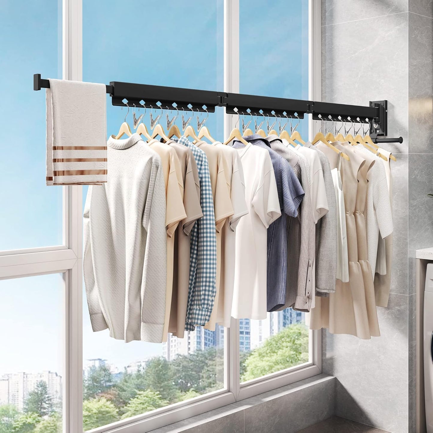 Wall Mounted Clothes Drying Rack - Retractable, Collapsible, Folding with Clips - Perfect for Laundry Room Organization