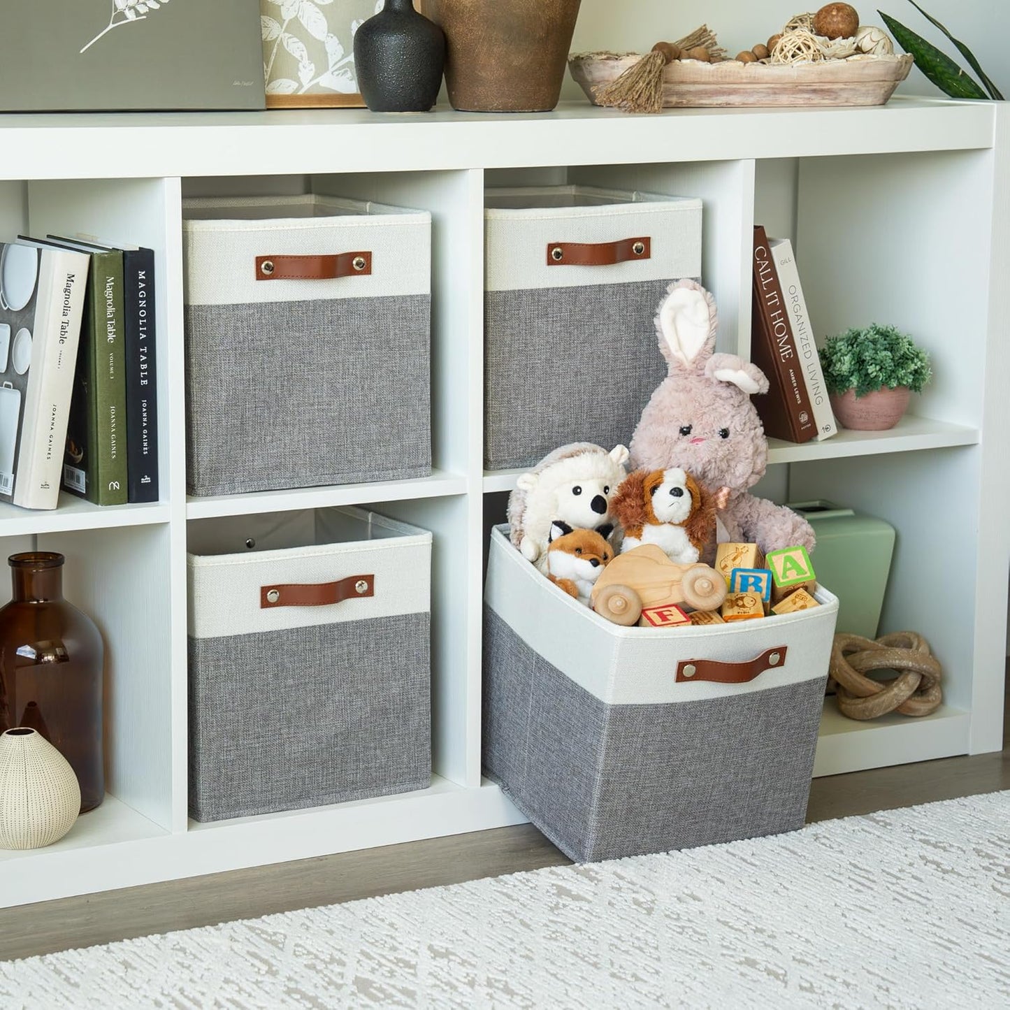 OrganiHaus 11x11 Fabric Cubes Storage Bins Set of 4, Foldable Collapsible Fabric Storage Bins for Organizer, Cubbies Organizer for Kallax, Linen Cube Shelf Baskets, Toy Organizing boxes - Grey/White