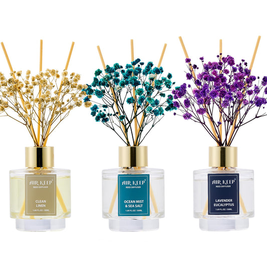 Airkeep Reed Diffuser Set of 3,Clean Linen Ocean Mist&Sea Salt Lavender Eucalyptus Oil Reed
