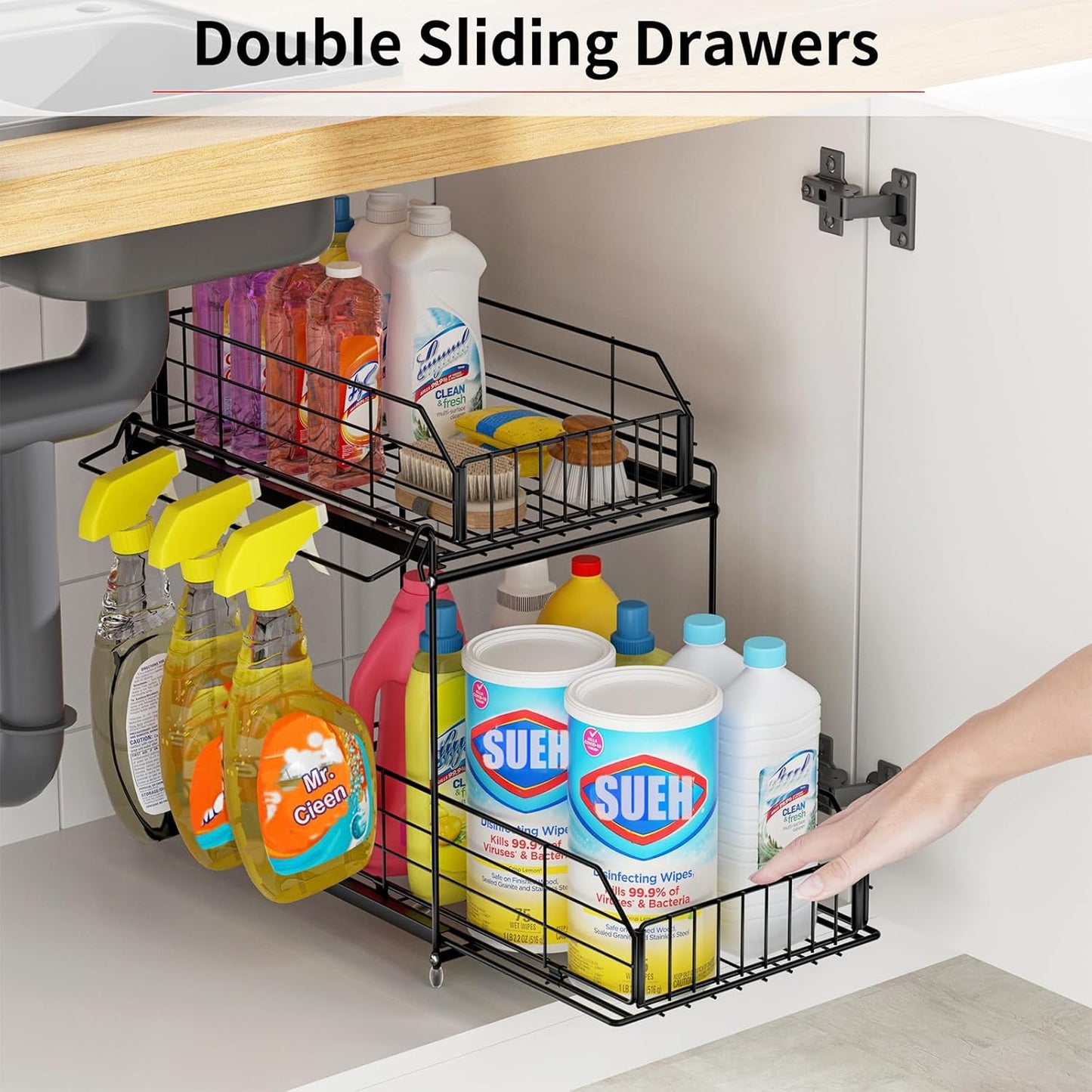 SUEH DESIGN Under Sink Organizers and Storage, 2 Tier Metal Under Sink Storage with Hanging Rail for Kitchen Bathroom Cabinet Organizer, 2 Pack