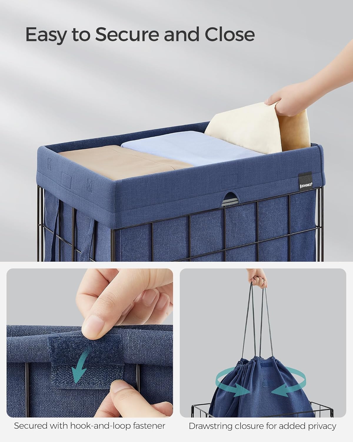 SONGMICS Laundry Hamper, 23.8 Gal. (90L) Laundry Basket, Collapsible Clothes Hamper, Removable and Washable Liner, Metal Wire Frame, for Bedroom Bathroom, Black and Charcoal Blue ULCB190Q01