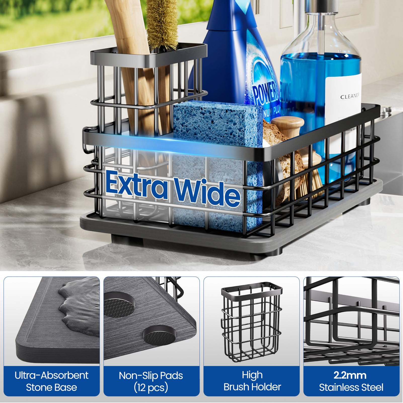 Kitchen Sink Caddy Organizer with Sponge & Brush Holder, Stone Drying Mat