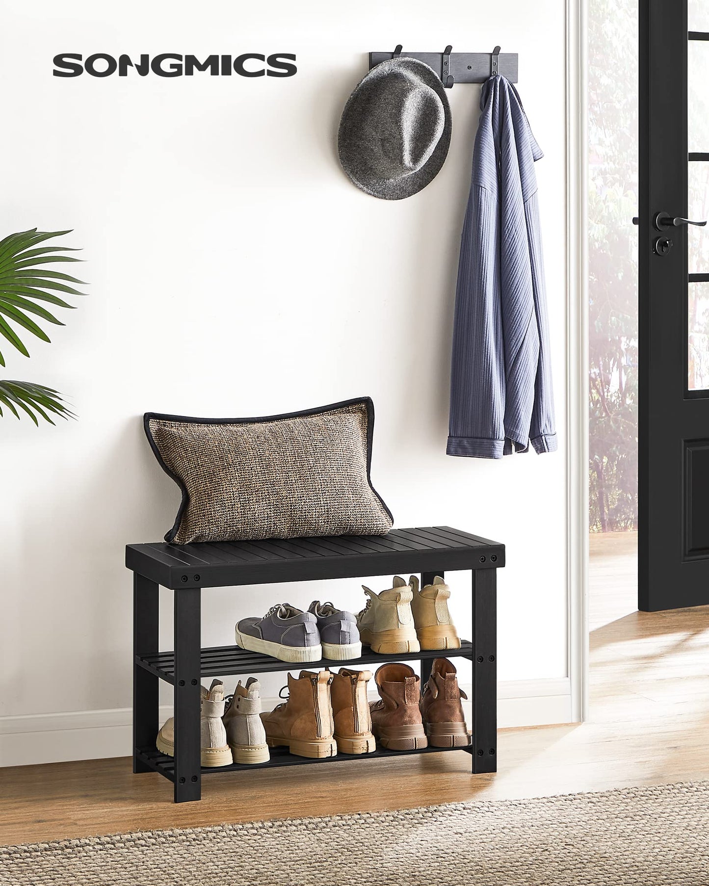 SONGMICS Shoe Rack Bench, 3-Tier Bamboo Shoe Storage Organizer, Entryway Bench, Holds Up to 286 lb