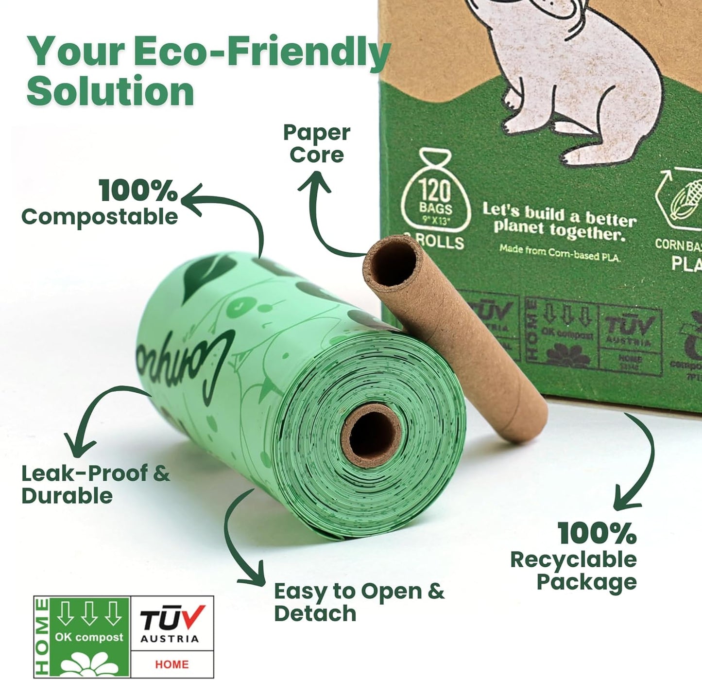 JIWON 100% Certified Home Compostable Dog Poop Bags, 120 Count (8 Rolls), 9"x13", OK Compost & Seedling, Thick & Leakproof, Plant Based Compostable Waste Bags, Unscented