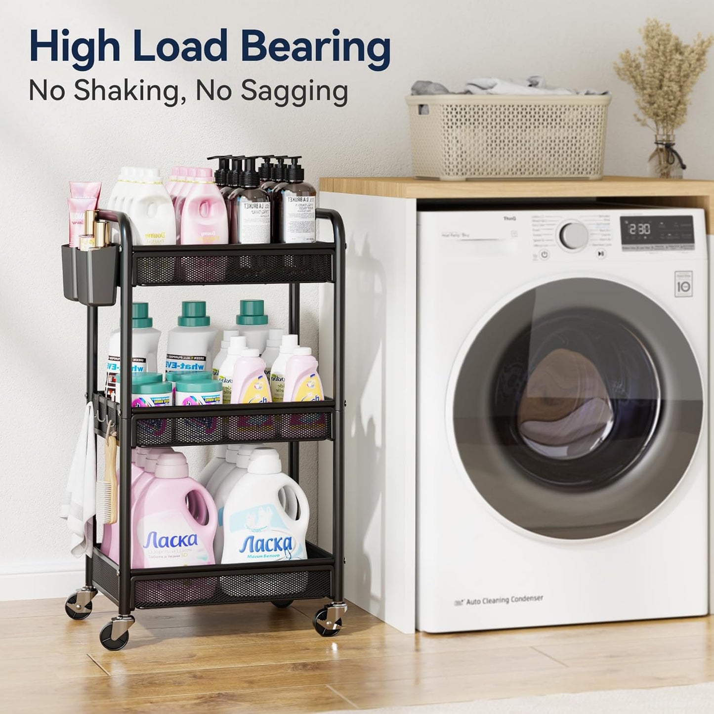 YASONIC 3 Tier Rolling Cart – Metal Utility Storage Cart with Wheels, Craft Cart Organizer with Hanging Cups, Hooks, Mesh Basket for Bedside Kitchen Office Art, Black