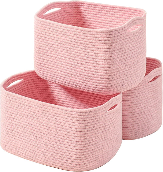 Storage Baskets for Organizing Shelves, Pink Basket for Nursery, Woven Cotton Rope Baskets for Storage, Towel Basket for Bathroom, 15"x11"x9.5", 3 Packs, Light Pink