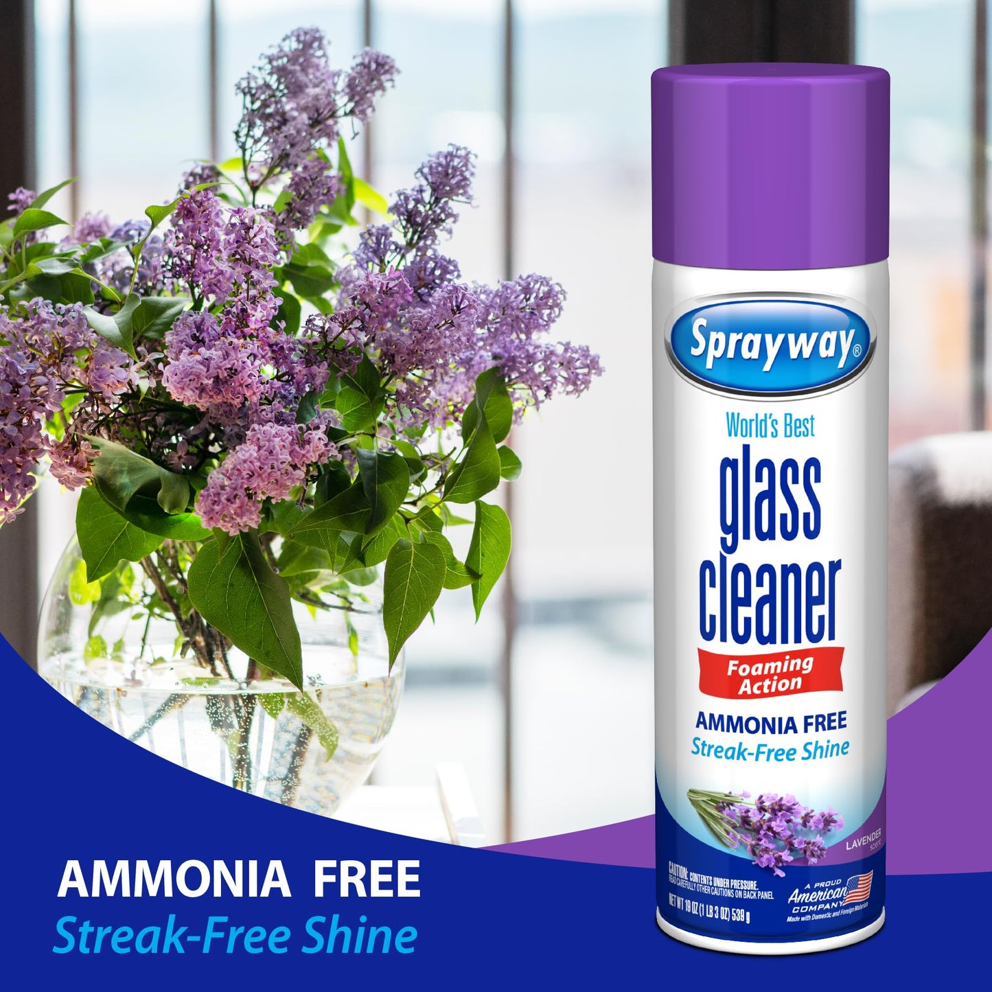 Sprayway Glass Cleaner Lavender Scent Foaming Aerosol Spray, 19oz, Pack of 6 | Ammonia-Free