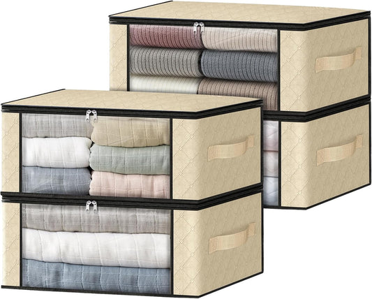 HomeHacks Storage 4-Pack Clothes Organizer Storage Bags Foldable Storage Box with Large Clear Window Sturdy Handles for Closet, Dorm, Pillows, Bedding, Clothes, Blankets, 35L, Beige