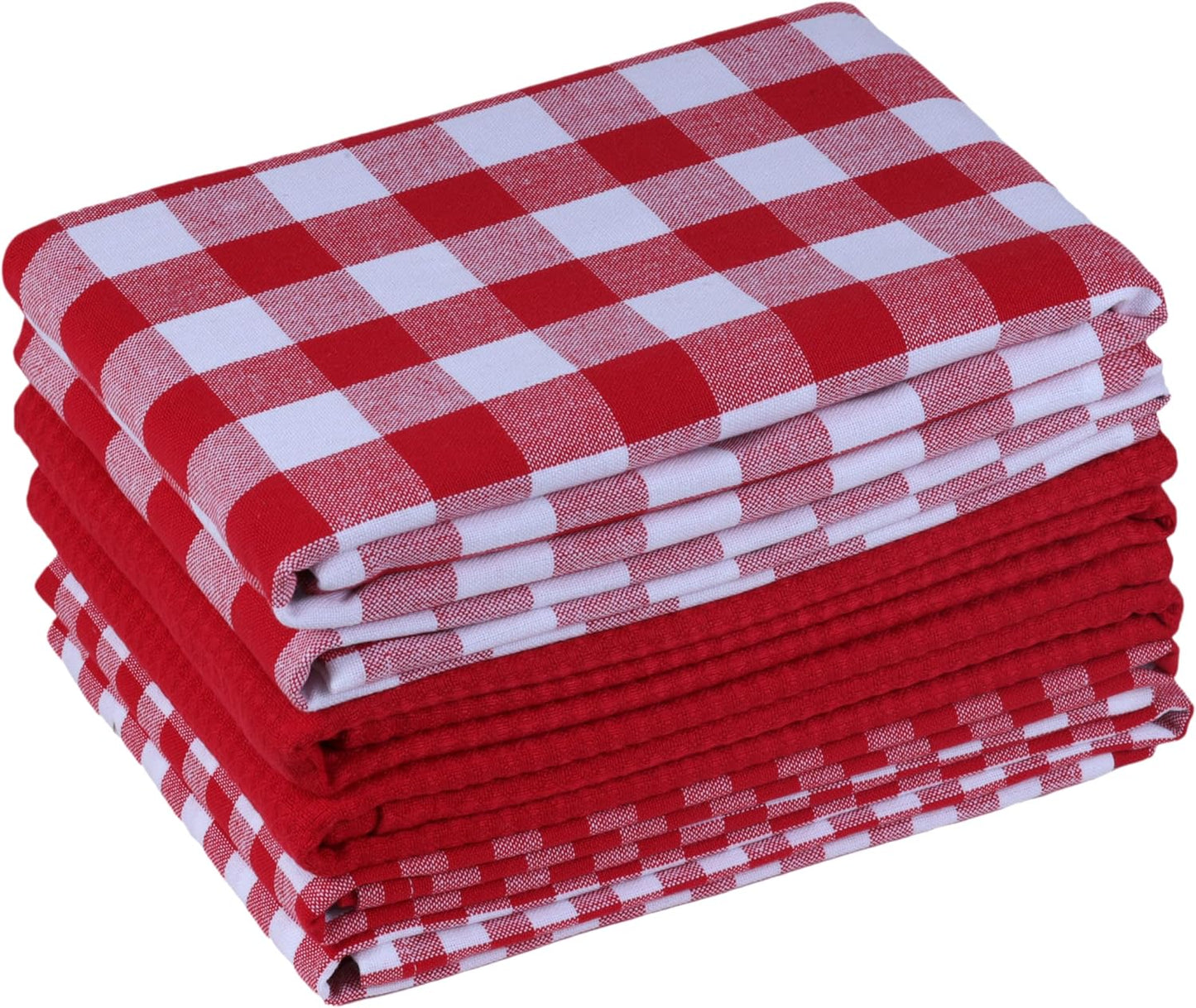 Kitchen Towels Set of 6 Soft Premium Cotton Highly Absorbent Dish Towels 18x28 Inches, Washable & Reusable Tea Towel, Quick Drying Dish Cloths with Hanging Loop - Red/White, Checks