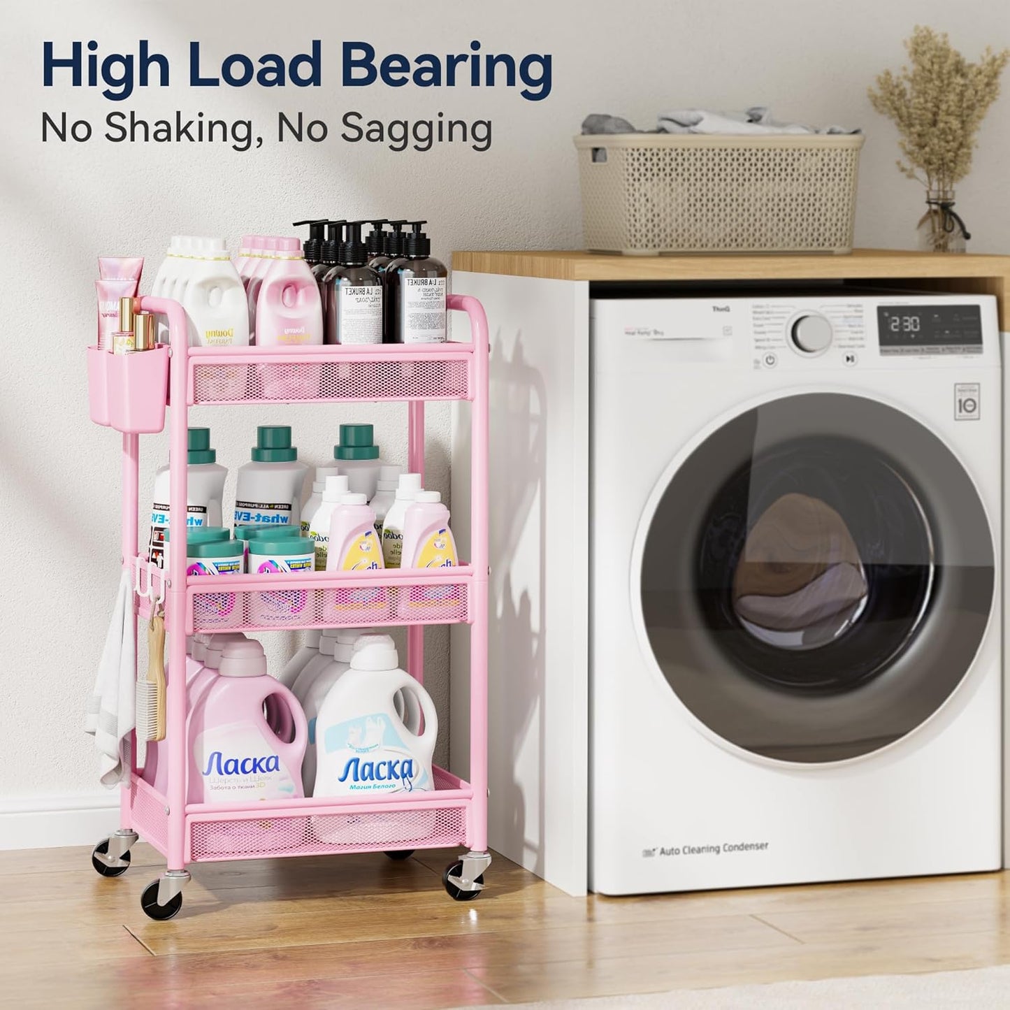 YASONIC 3 Tier Rolling Cart – Metal Utility Storage Cart with Wheels, Craft Cart Organizer with Hanging Cups, Hooks, Mesh Basket for Bedside Kitchen Office Art, Pink