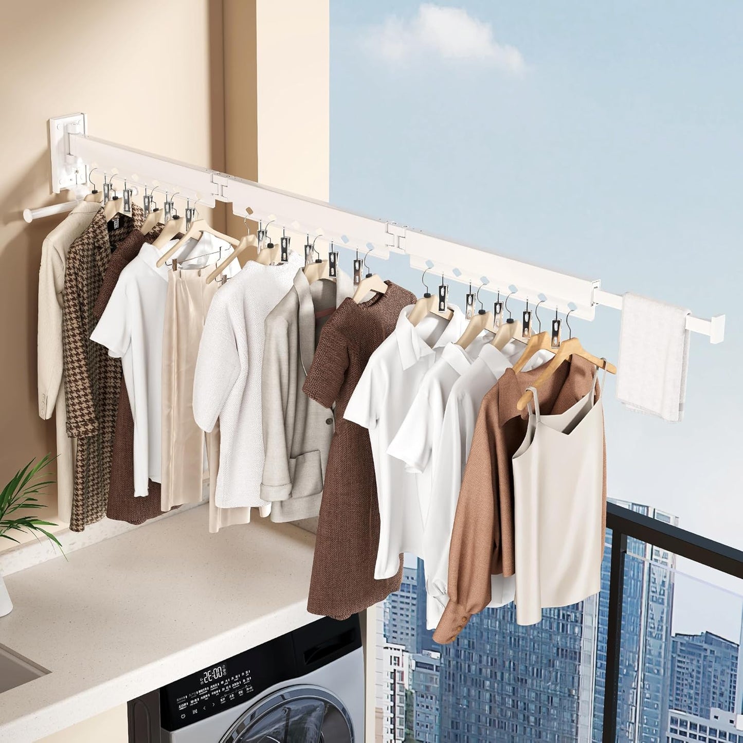 Wall Mounted Collapsible Clothes Drying Rack, Durable Space-Saving Laundry Drying Rack Clothing Hanger, Upgraded with Clips and Windproof Holes