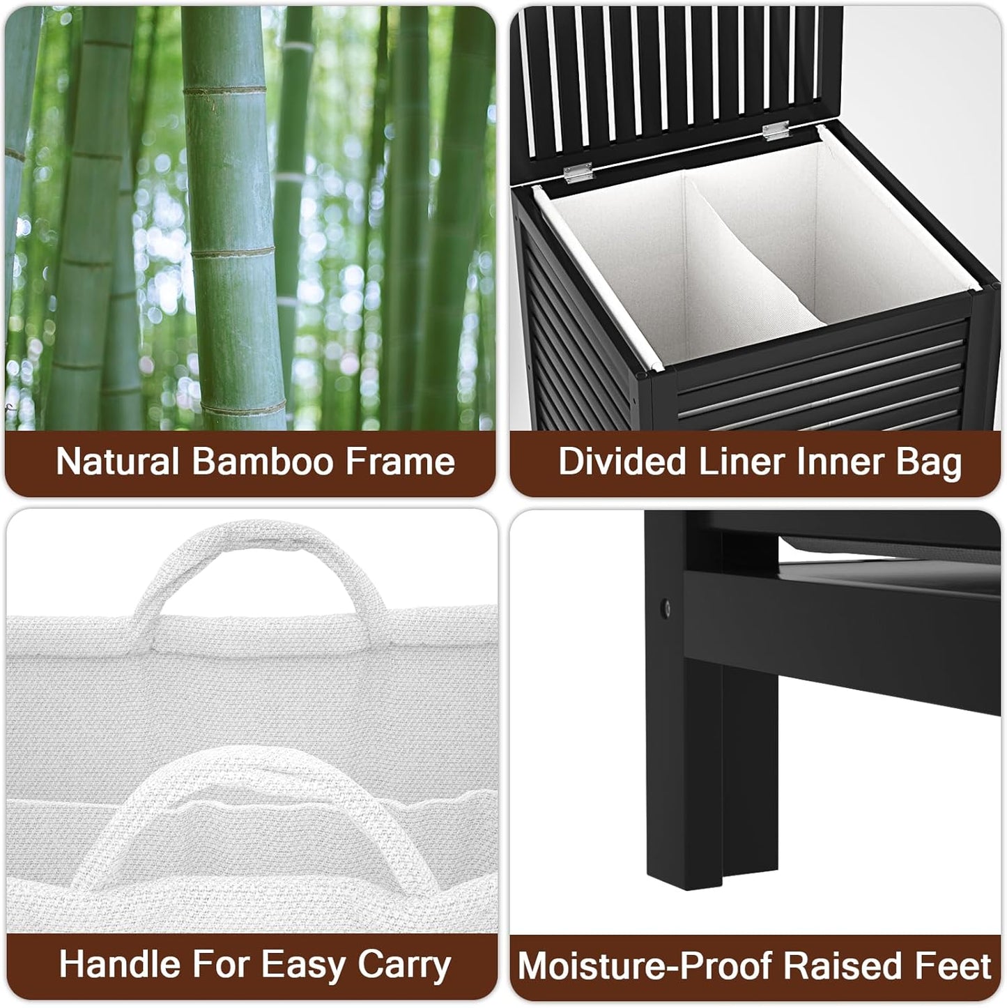 Homykic Bamboo Laundry Hamper with Lid, 120L Large Clothes Laundry Sorter with Removable 2-Section Liner Bag, Raised Laundry Basket Organizer for Clothing, Bathroom, Bedroom, Laundry Room, Black