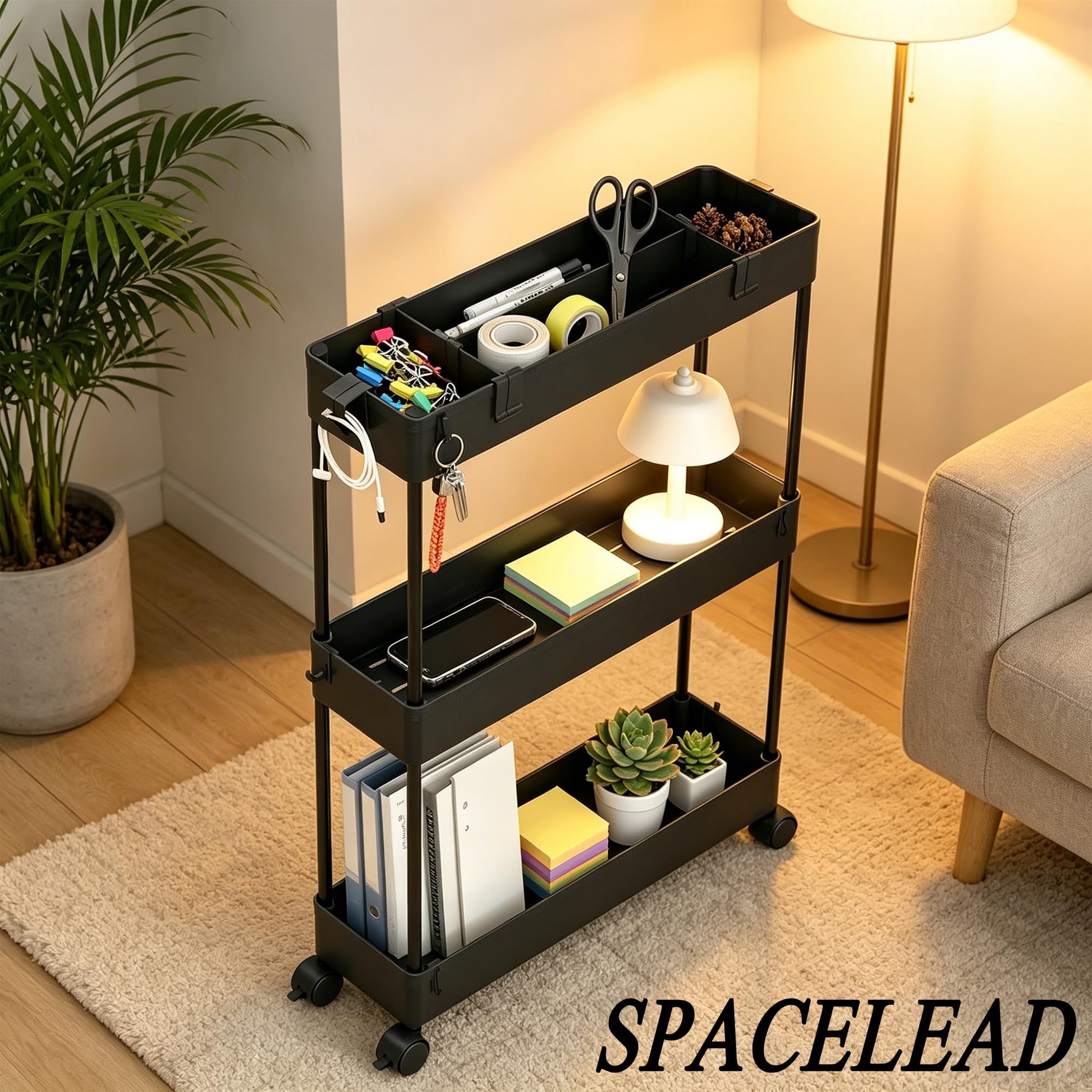 SPACELEAD Slim Storage Cart 3 Tier,Bathroom Organizer Rolling Utility,Mobile Shelving Unit Slide
