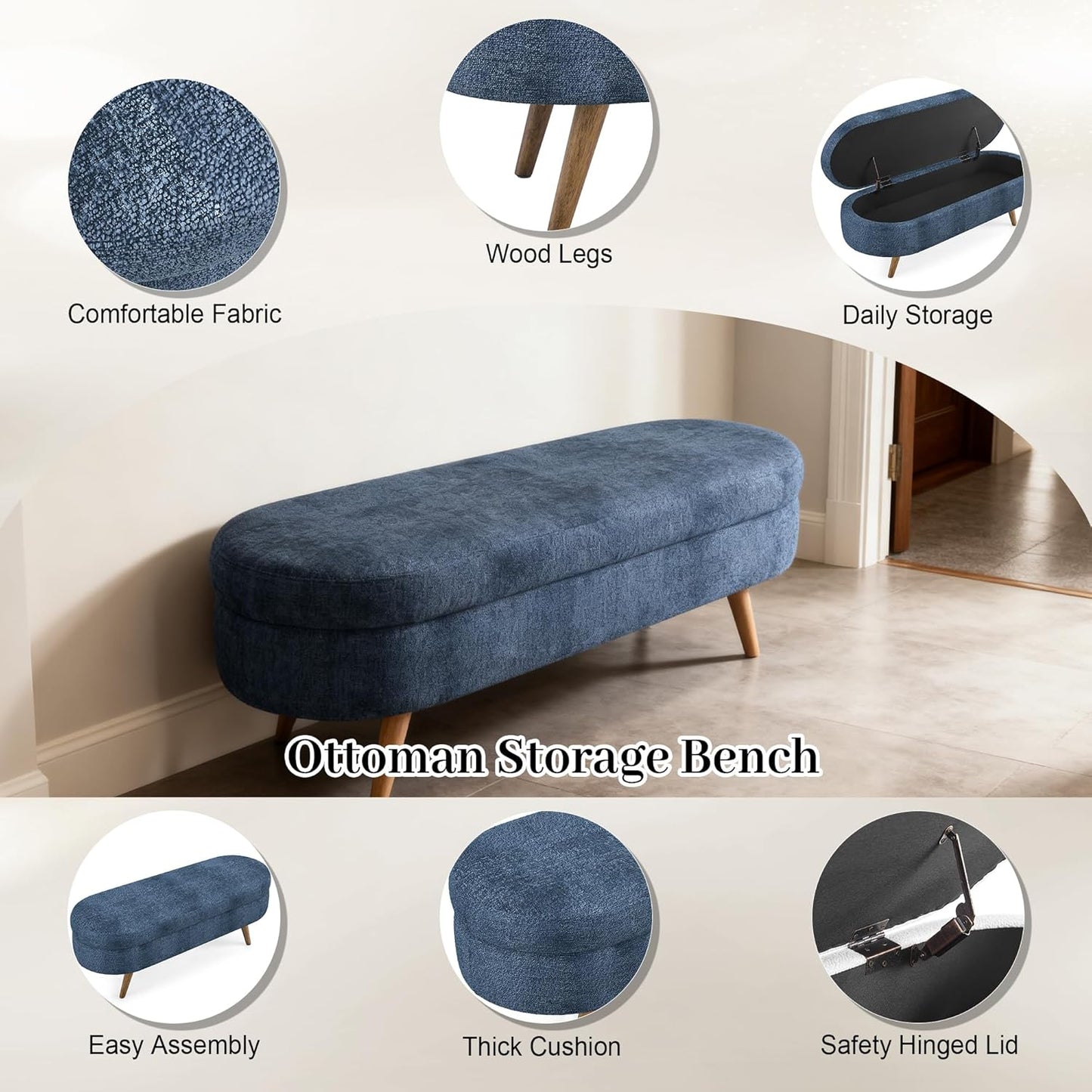 Storage Bench, 43" Storage Ottoman Bench, Shoe Storages Benches for Bedroom, Upholstered Entryway Benches with Seating, Rubber Wood Legs for Bedroom, Living Room, Entryway, Bed Side, Dark Blue