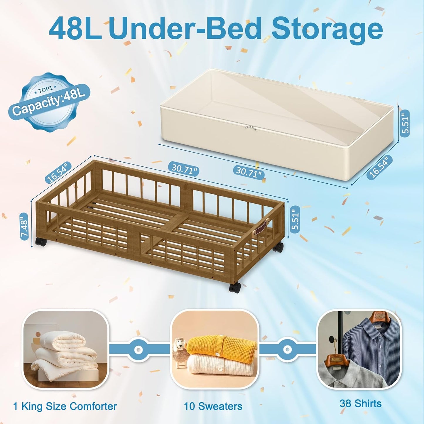 efluky 2-Pack Bamboo Under Bed Storage with Wheels, Rolling UnderBed Storage Basket with Large Dust Bag, Under Bed Storage Containers for Bedroom, Dorm and Basement, Brown