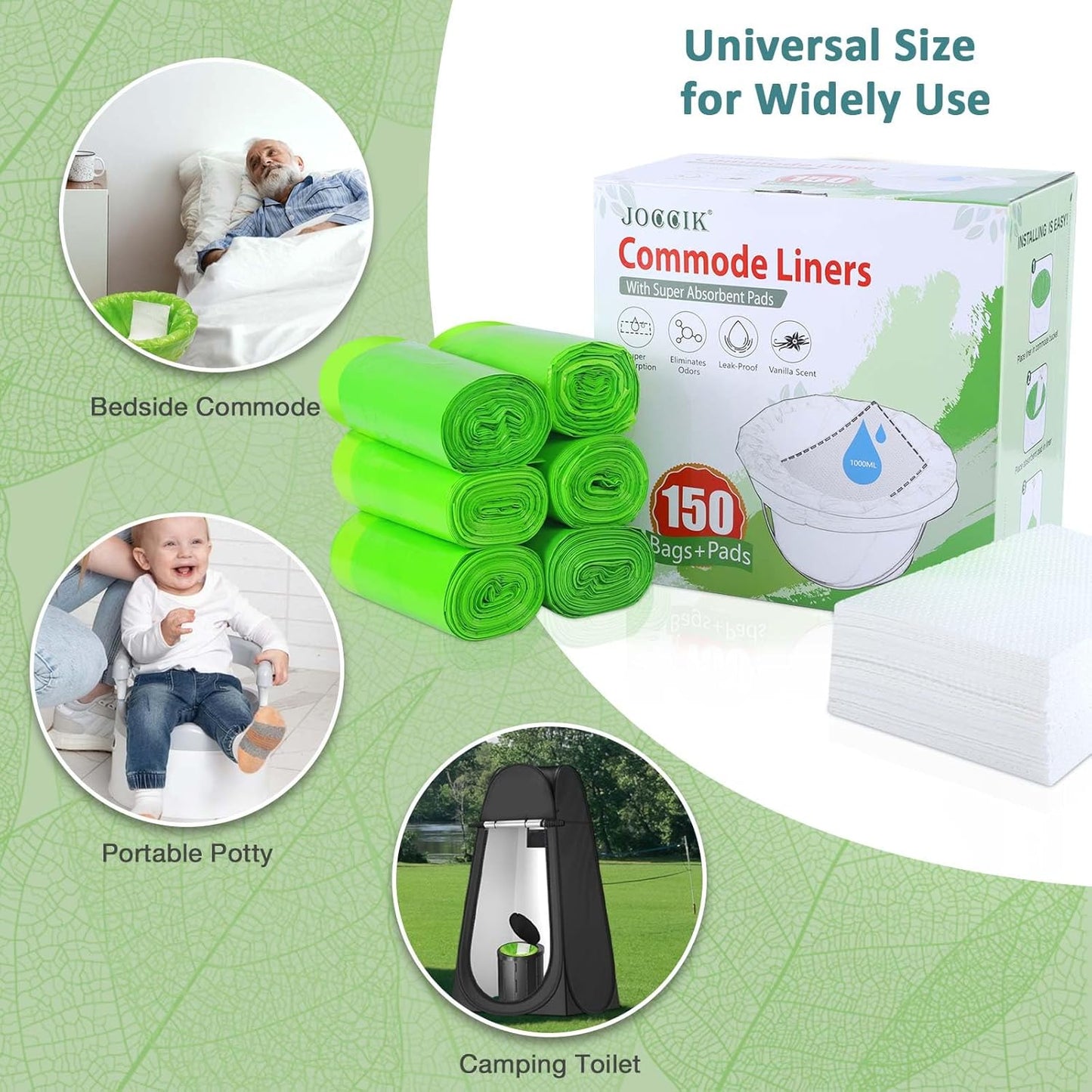 Bedside Commode Liners, 150 Bags + 150 Pads for Bedside Toilet Chair Bucket, Super Absorbent, Unscented, Leak-Proof, Universal Size