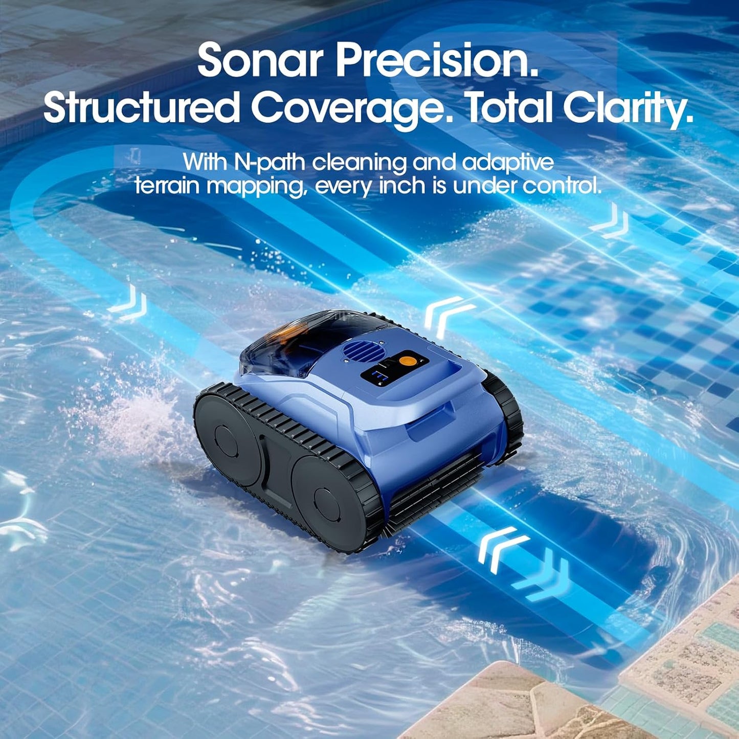 Cordless Robotic Pool Vacuum, Pool Cleaner with Track Drive & Sonar Navigation, 180W Brushless Motor, Wall & Waterline Climbing, 150-Min Runtime, for Inground & Above-Ground Pools up to 2150 Sq. Ft.