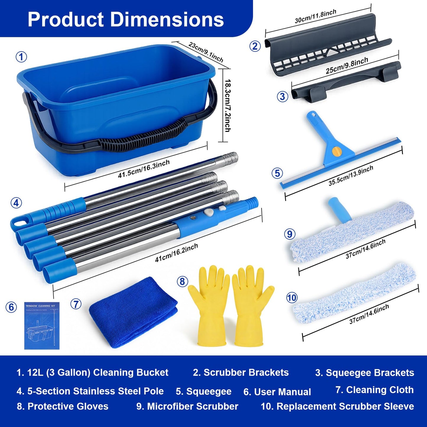 Professional Window Cleaning Kit, Window Washing Kit with 3 Gallon Bucket, 14-Inch Squeegee