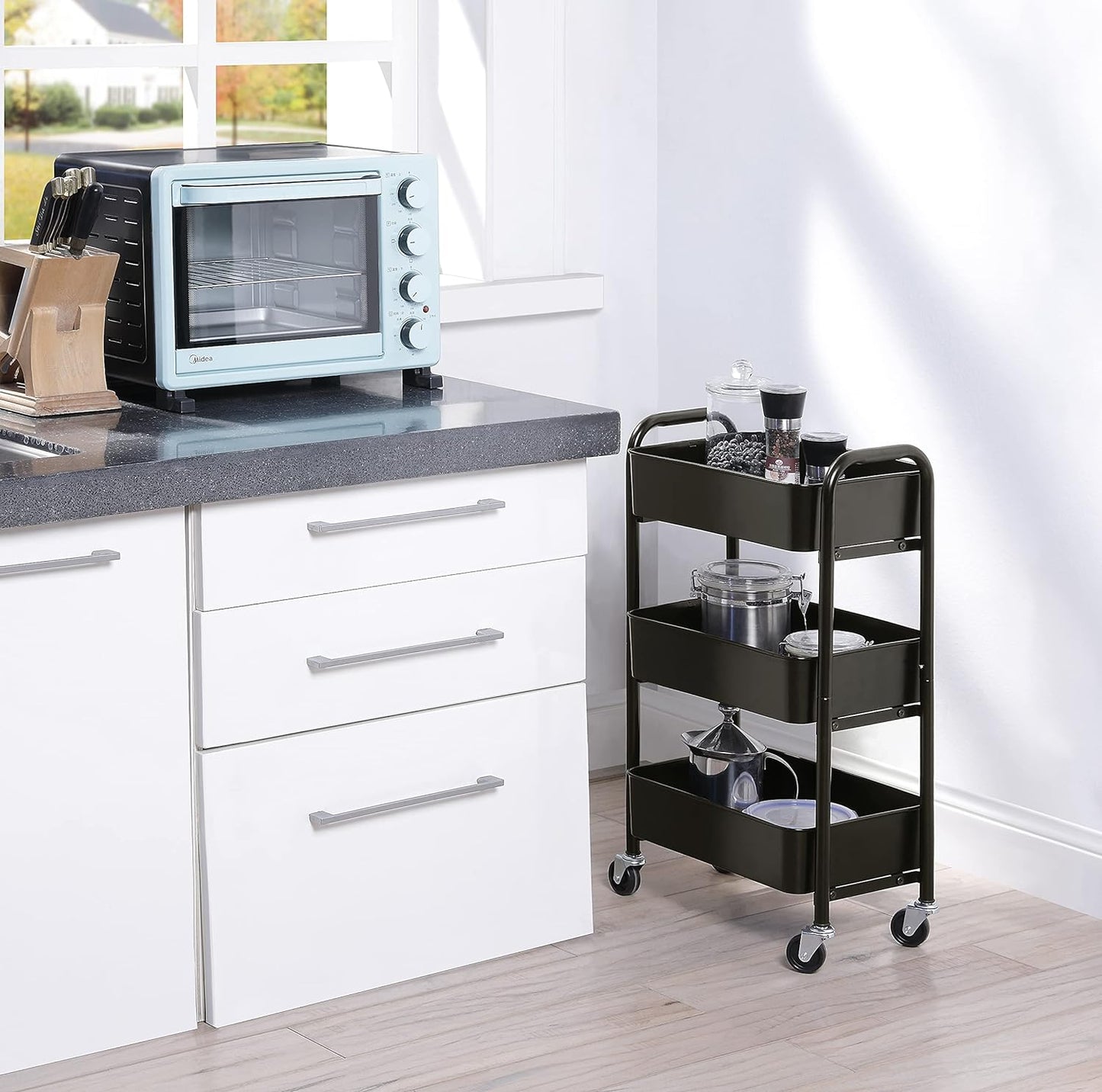 SunnyPoint 3-Tier Delicate Compact Rolling Metal Storage Organizer - Mobile Utility Cart Kitchen/Under Desk Cart with Caster Wheels - BLK (15.35" X 10.24" X 26.8"H)