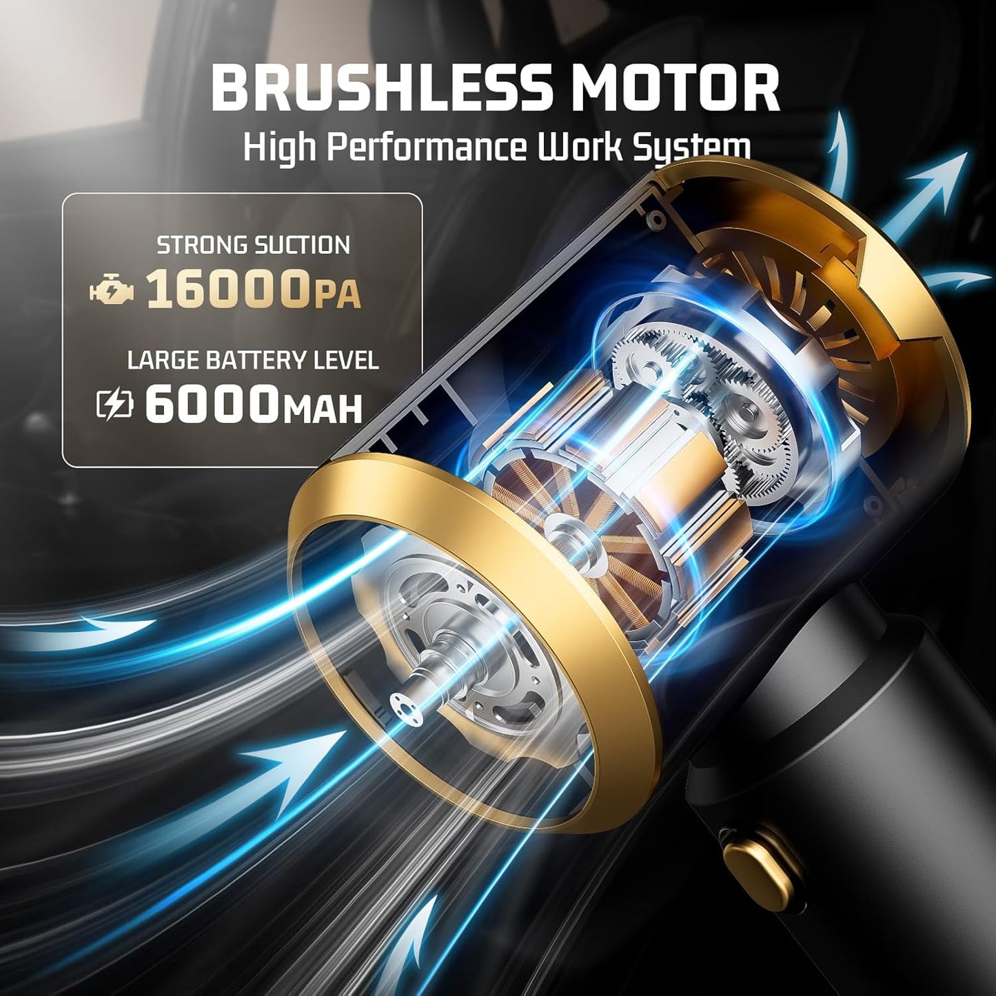 Car Handheld Vacuum Cordless: Car Vacuum Cleaner with 16000Pa Ultra-Strong Suction, Brushless Motor & HEPA Filter - Lightweight Design for Drivers and Office Workers- Glossy Black