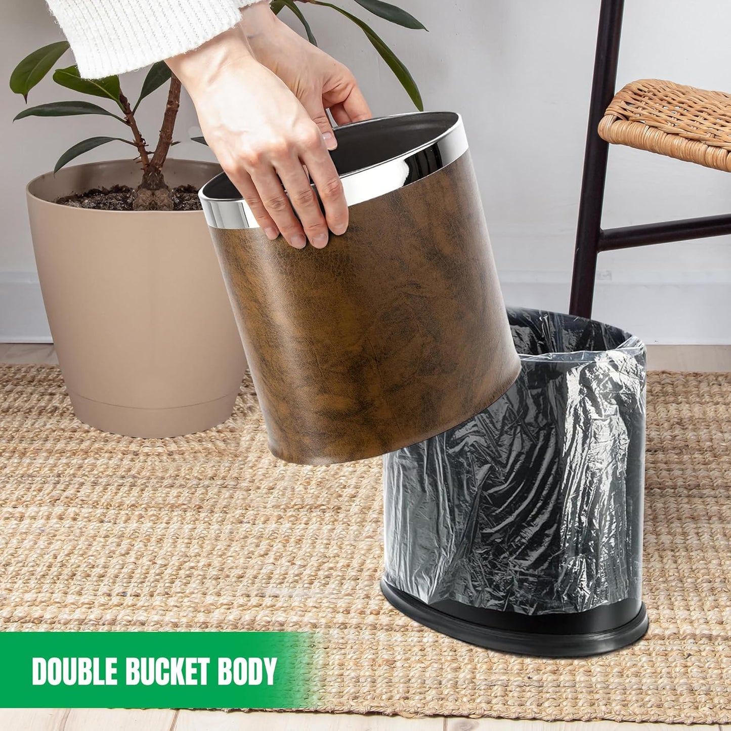 'Invisi-Overlap' Open Top Leatherette Trash Can, Small Office Wastebasket, Modern Home Décor, Oval Shape (Brown)