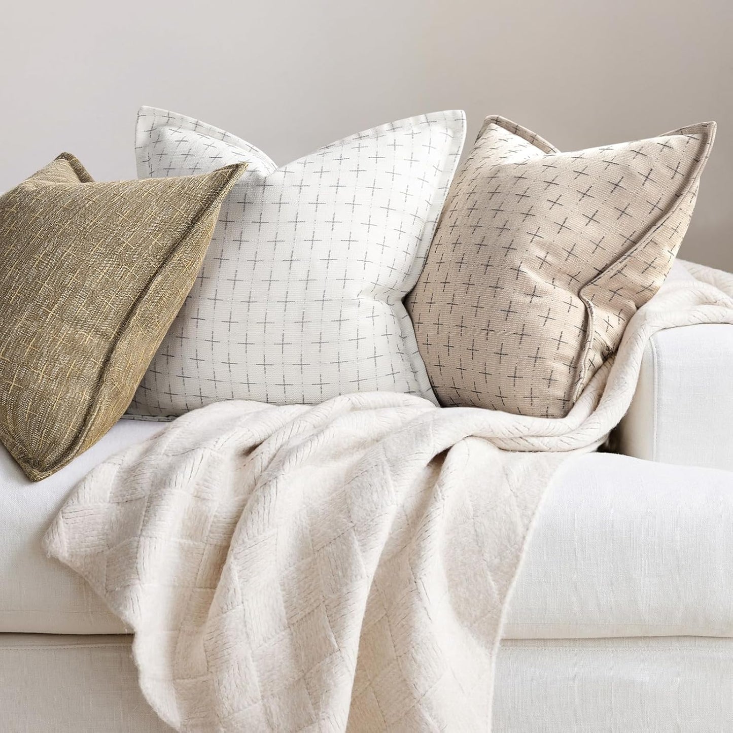 ZWJD Pillow Covers 16x16 Set of 2 Soft Polyester Textured Pillow Covers with Stylish Flange Edge Cozy Farmhouse Throw Pillows for Couch Bed Sofa Living Room