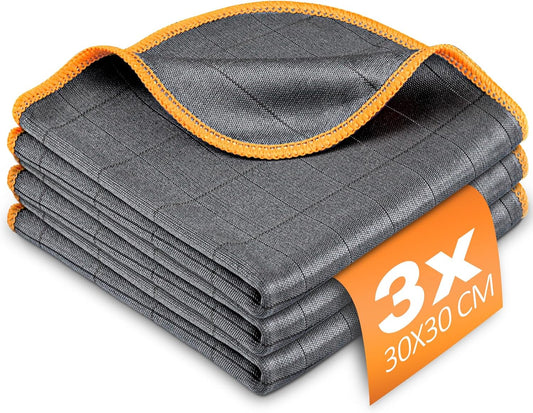 Airlab Carbon Microfiber Towels for Car Glass Window Polishing Cleaning Cloth Auto Detailing Lint Free Streak Free Drying Car Wash Towel, Pack of 3, 12" x 12", Grey-Orange