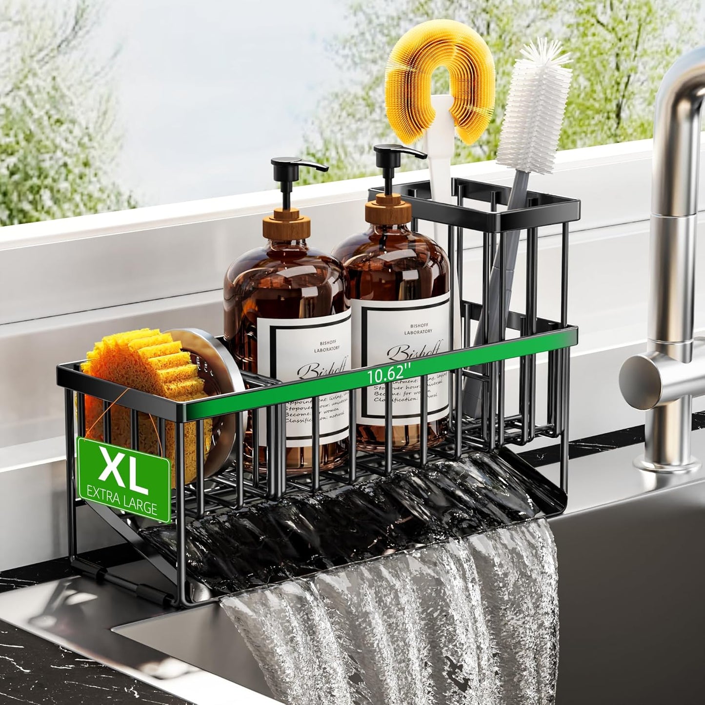 Cisily Extra Large Kitchen Sink Caddy Organzier with High Brush Holder, Sponge Holder for Sink, 304 Rustproof Stainless, Kitchen Countertop Soap Dispenser Organizer For Decor and Accessories