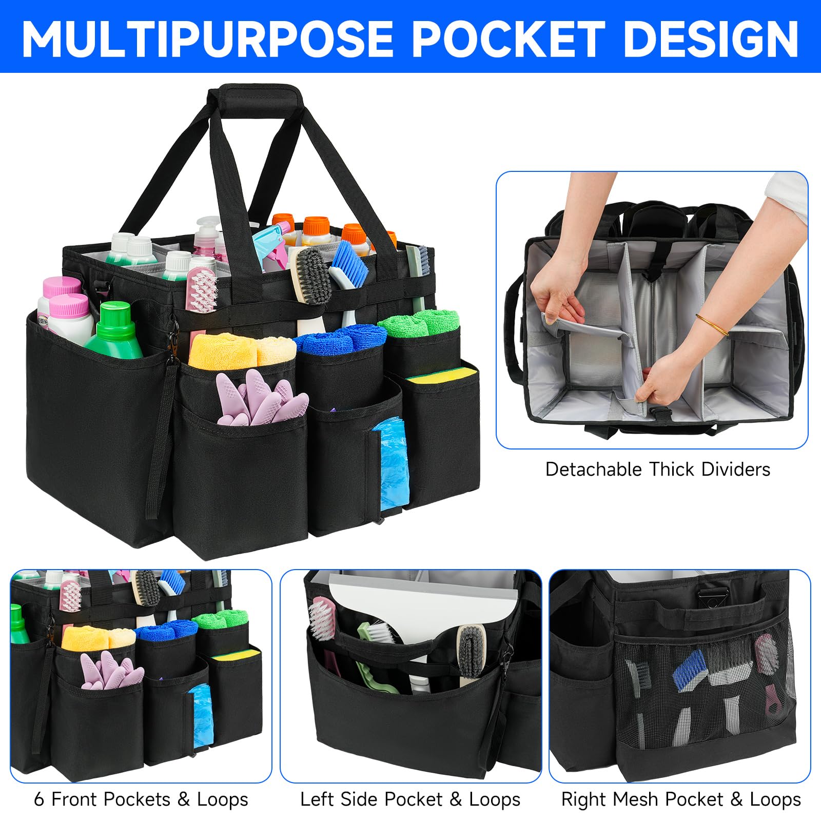 ZIOZERTT Large Rolling Cleaning Caddy Bag with Detachable Trolley,Cleaning Cart on Wheels with