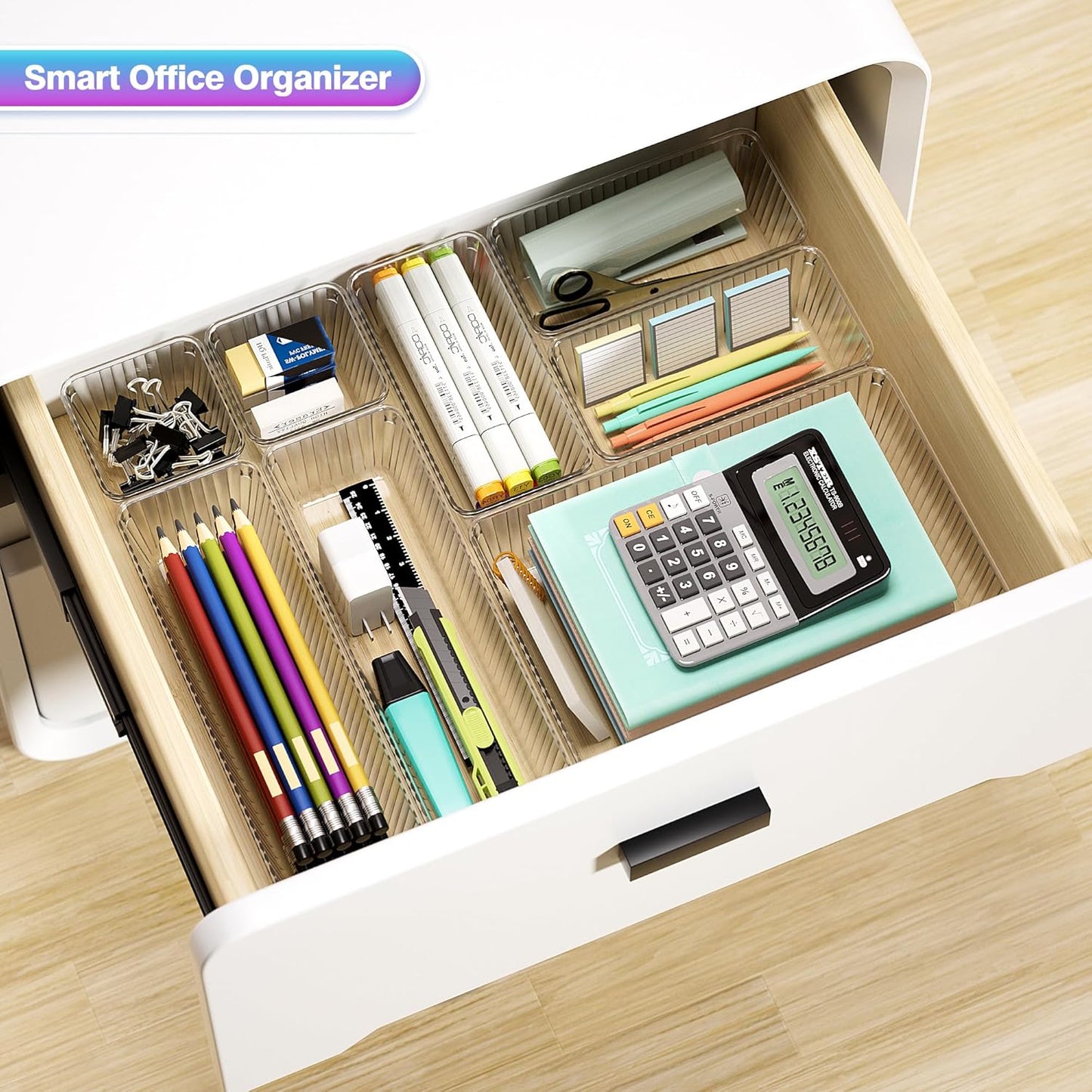 15 PCS Clear Plastic Drawer Organizer Set - 4 Sizes Makeup Organizer Desk Drawer Divider Bathroom Organizers and Storage Bins for Makeup, Jewelry, Gadgets, Office, Kitchen, Bedroom, Bathroom