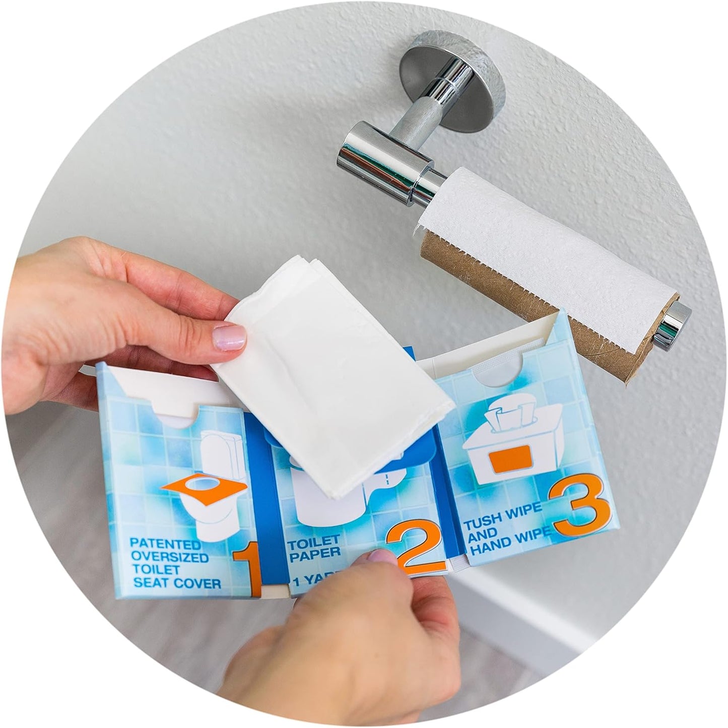 The Restroom Kit Great for Travel (30-Pack) Portable Disposable Oversized Toilet Seat Cover, 3ft 3Ply Toilet Paper, Hand & Flushable Tush Wipe
