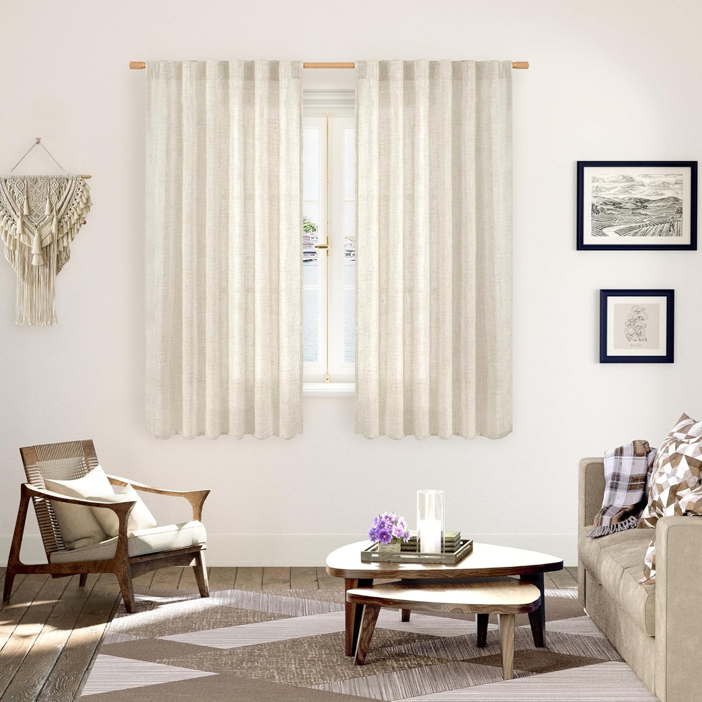YoungsTex Boho Linen Curtains 63 Inch Length 2 Panels for Living Room - Cream Semi Sheer Window Drapes Light Filtering with Back Tab Rod Pocket Rustic for Country Bedroom, 52 X 63 Inch